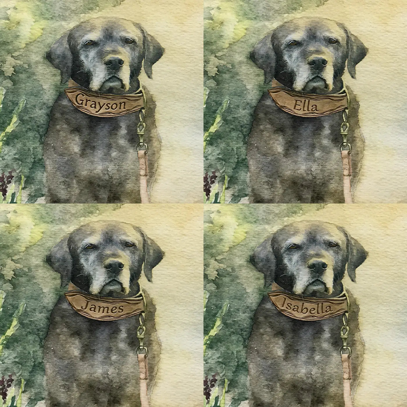 Four name preview examples of Misty Garden Dog Lead Personalized Wall Mural by Whimsy Tots