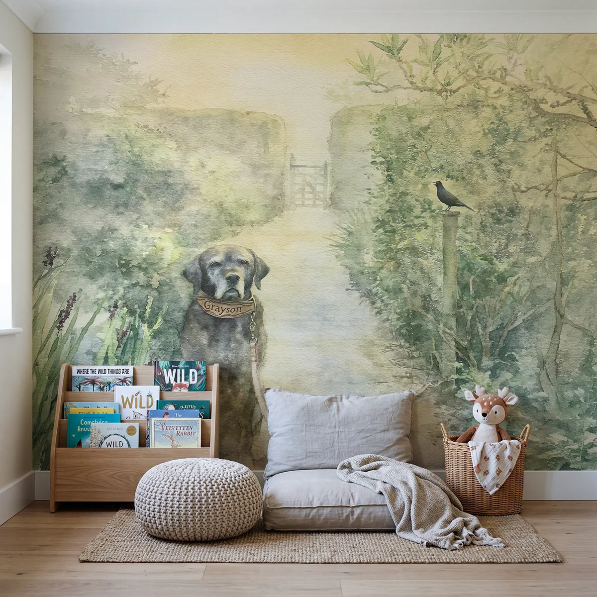 Misty Garden Dog Lead Personalized Wall Mural in playroom setting by Whimsy Tots