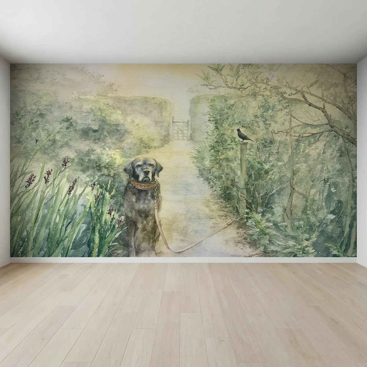 Full view of Misty Garden Dog Lead Personalized Wall Mural by Whimsy Tots