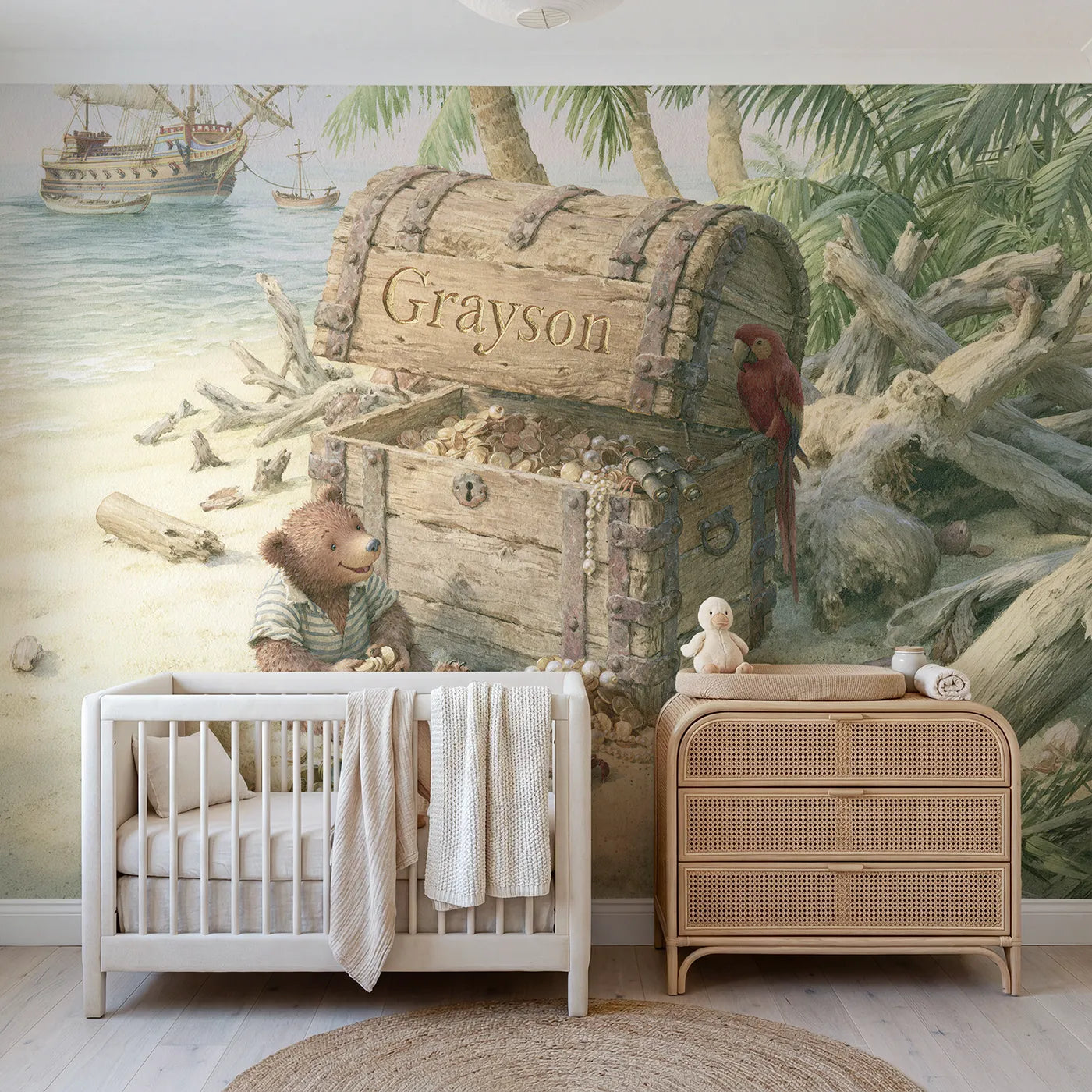 Storybook pirate treasure chest personalized wall mural with gilded raised lid by Whimsy Tots