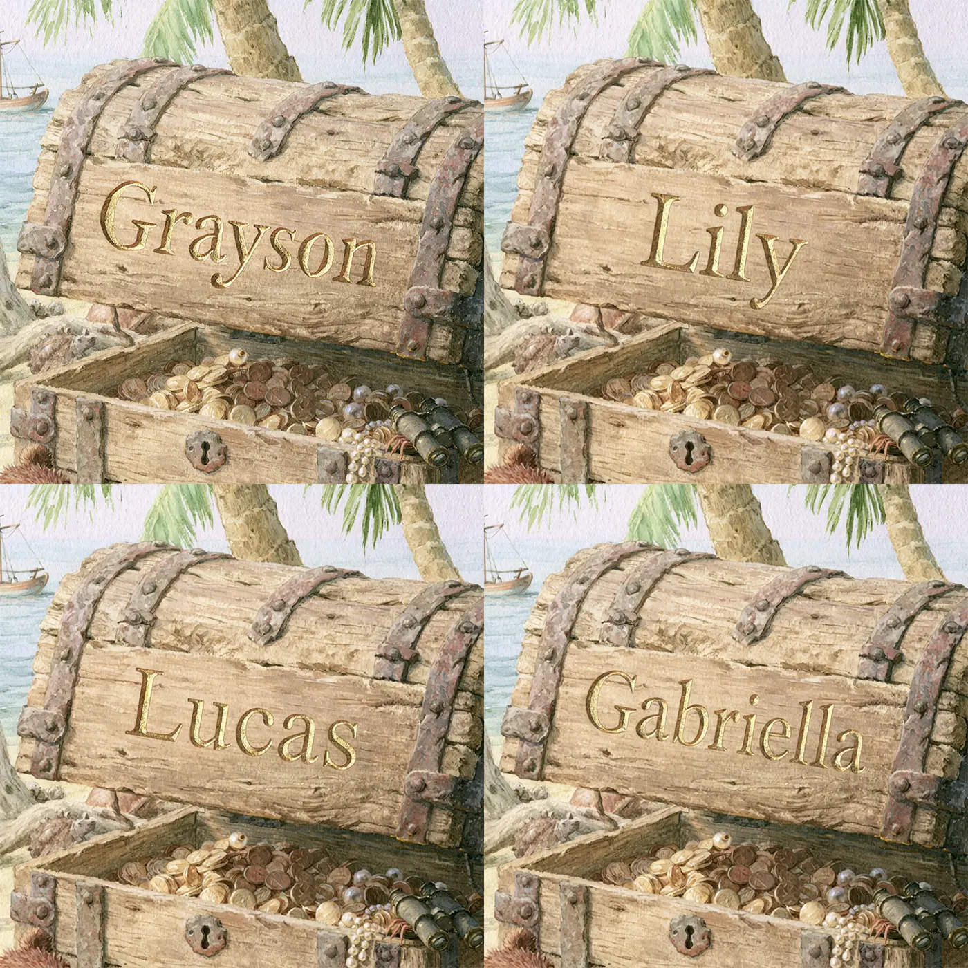 Four name preview examples of Pirate Sea Chest Personalized Wall Mural by Whimsy Tots