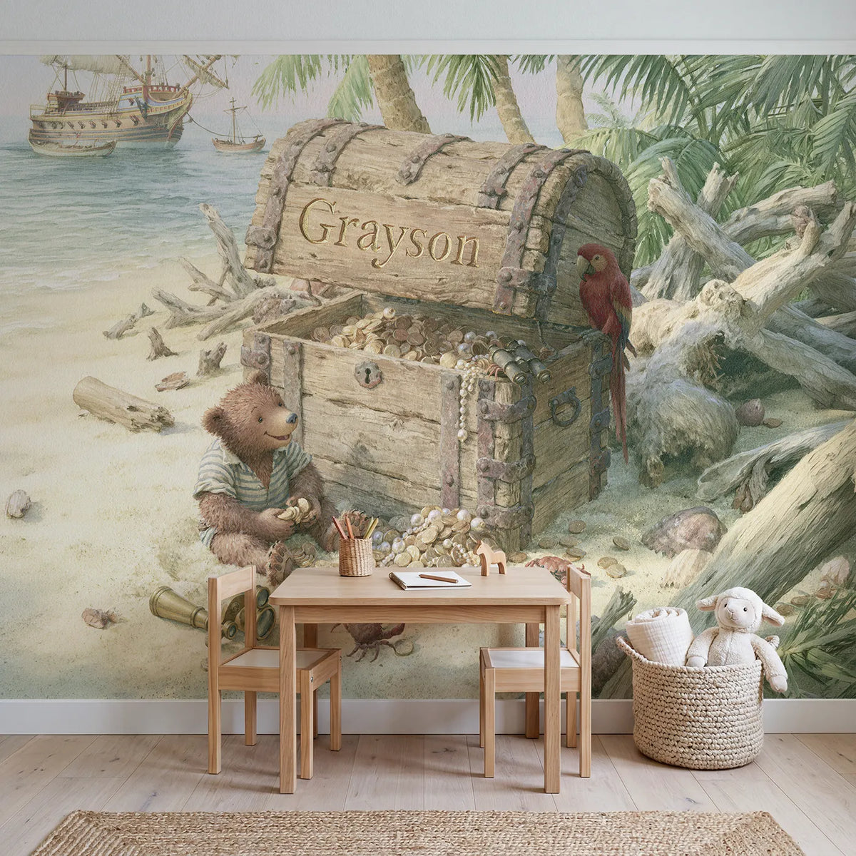 Pirate Sea Chest Personalized Wall Mural in playroom setting by Whimsy Tots
