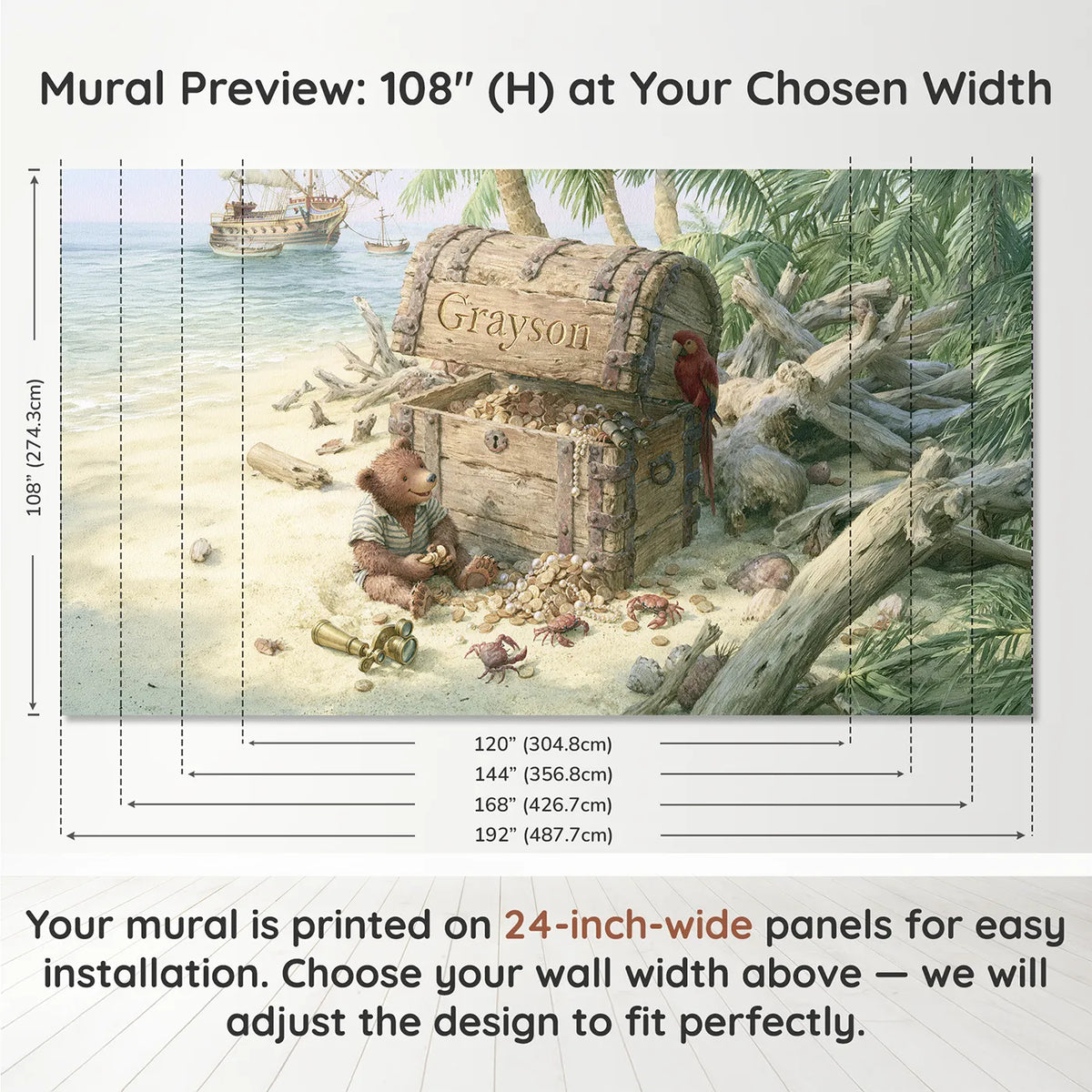 Panel layout and dimensions for Pirate Sea Chest Personalized Wall Mural by Whimsy Tots
