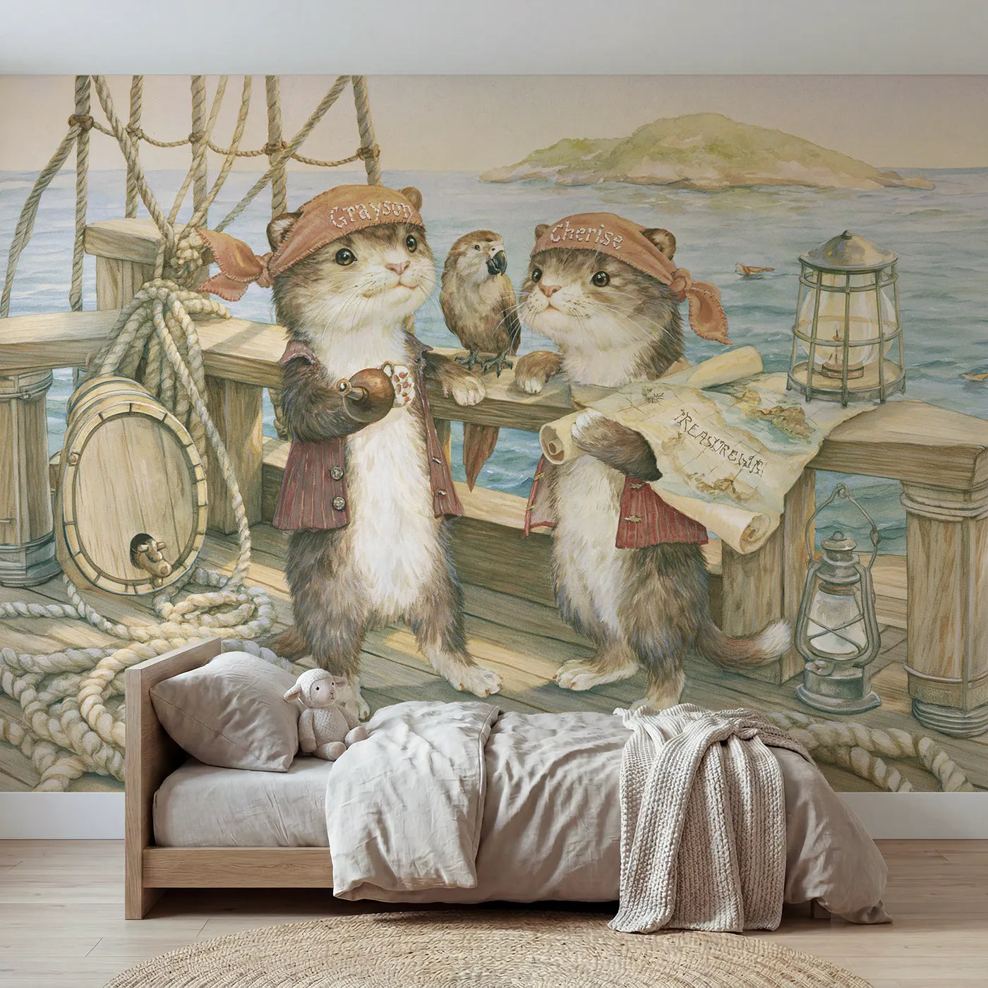 Storybook two pirate cubs personalized wall mural with stitched bandana names by Whimsy Tots
