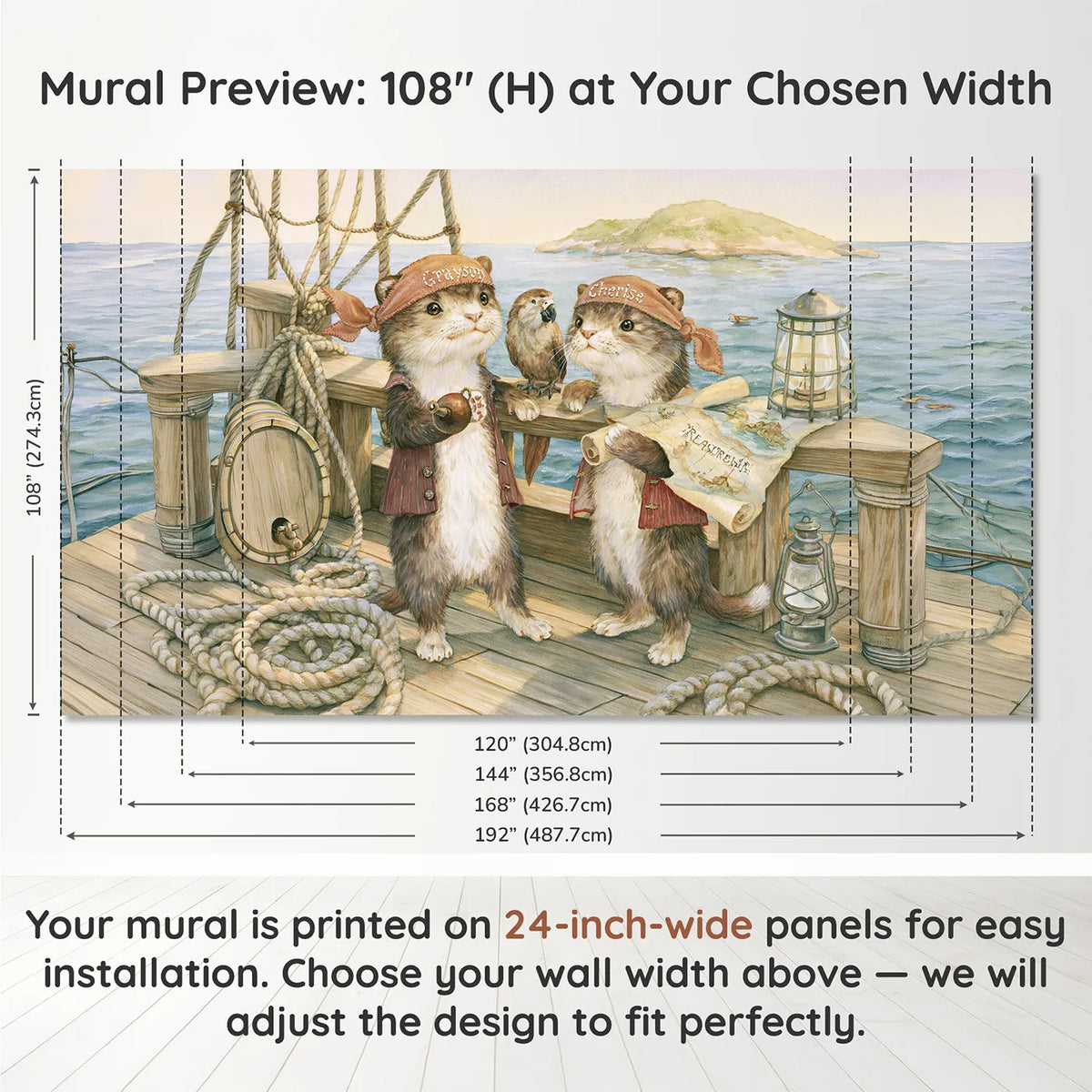 Panel layout and dimensions for Two Pirate Bandanas Personalized Wall Mural by Whimsy Tots