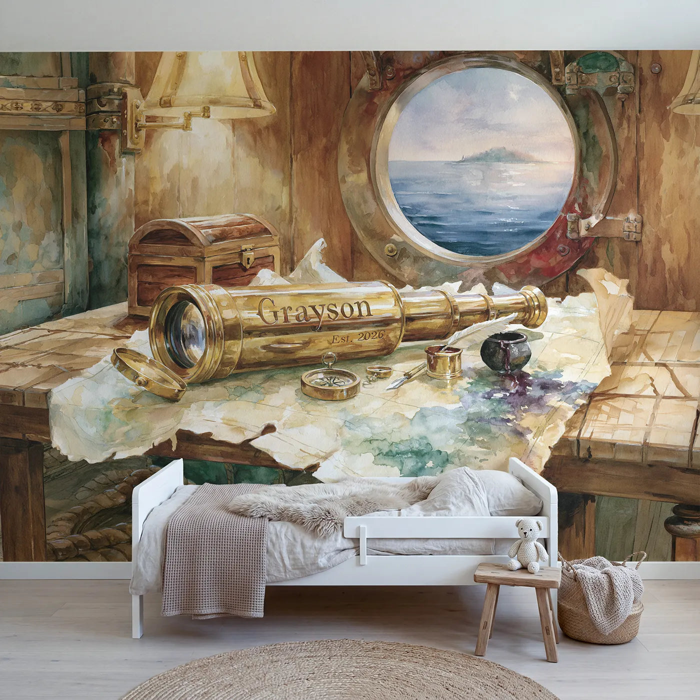 Watercolor captains spyglass keepsake personalized wall mural with engraved brass barrel by Whimsy Tots
