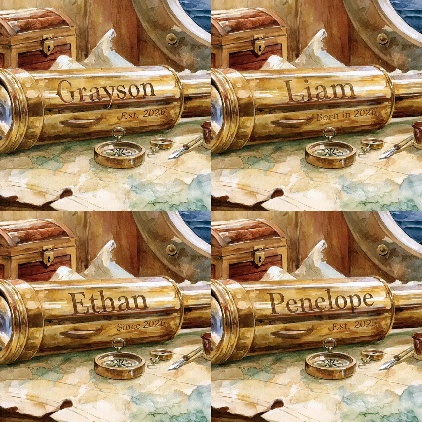 Four name preview examples of Captains Spyglass Keepsake Personalized Wall Mural by Whimsy Tots