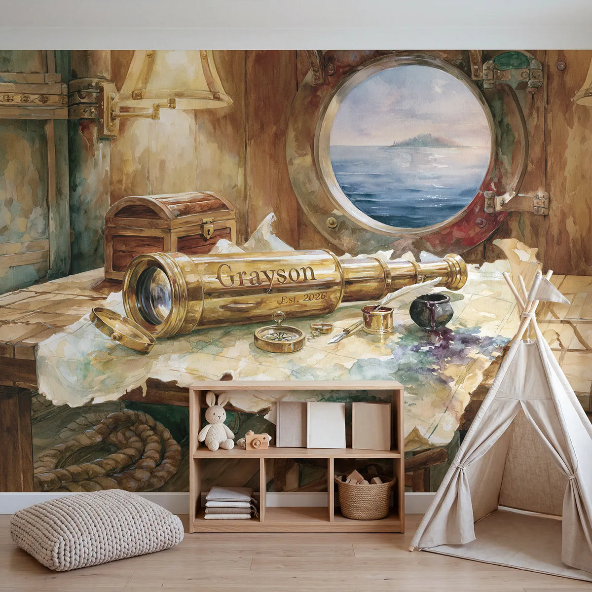 Captains Spyglass Keepsake Personalized Wall Mural in playroom setting by Whimsy Tots