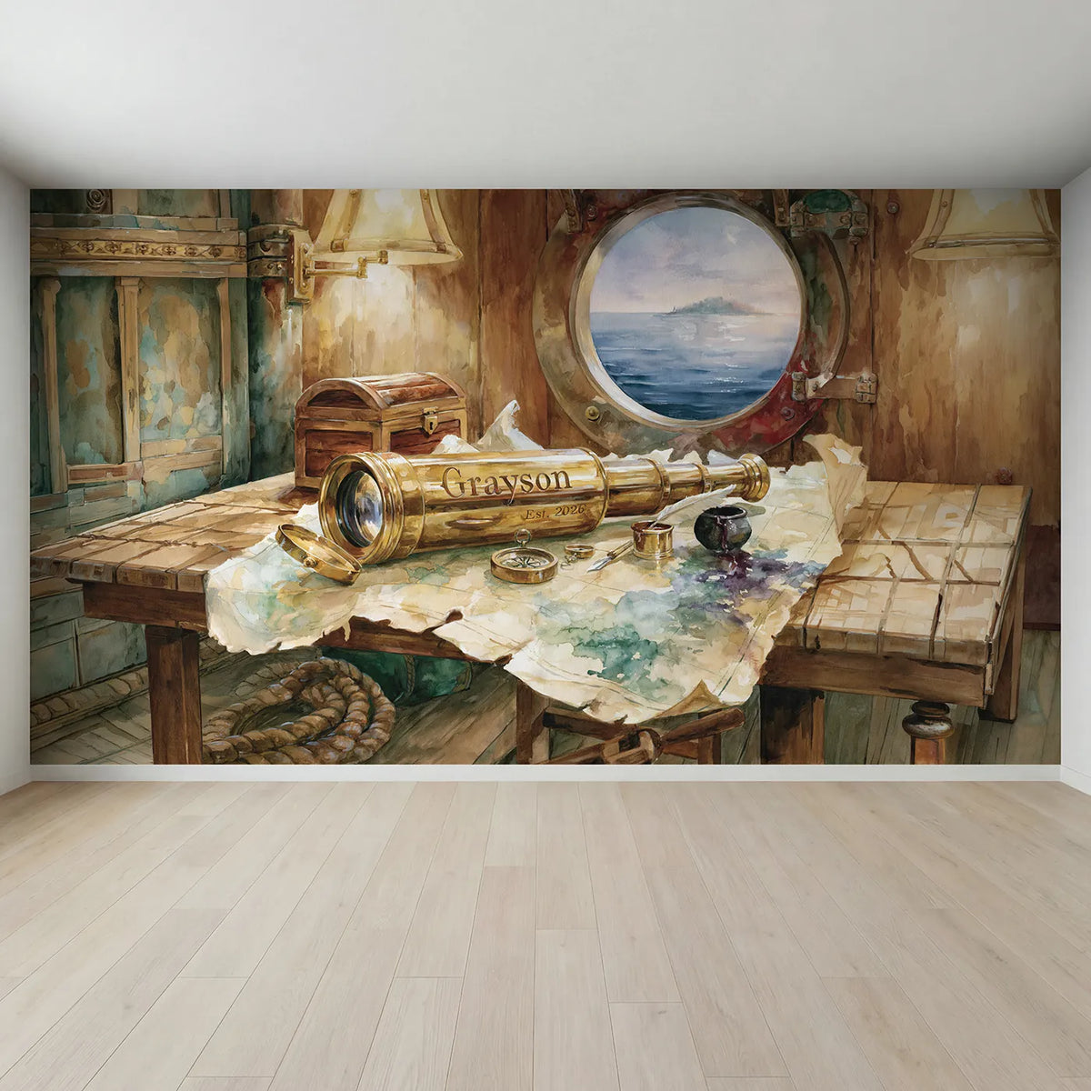 Full view of Captains Spyglass Keepsake Personalized Wall Mural by Whimsy Tots