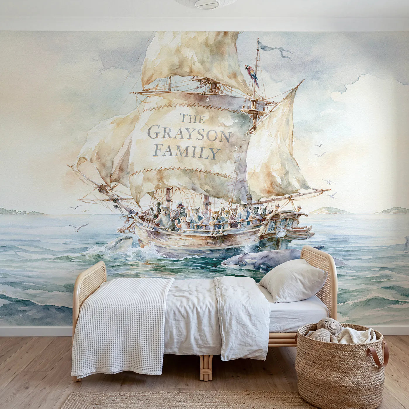 Watercolor family pirate ship personalized wall mural with stitched mainsail name by Whimsy Tots