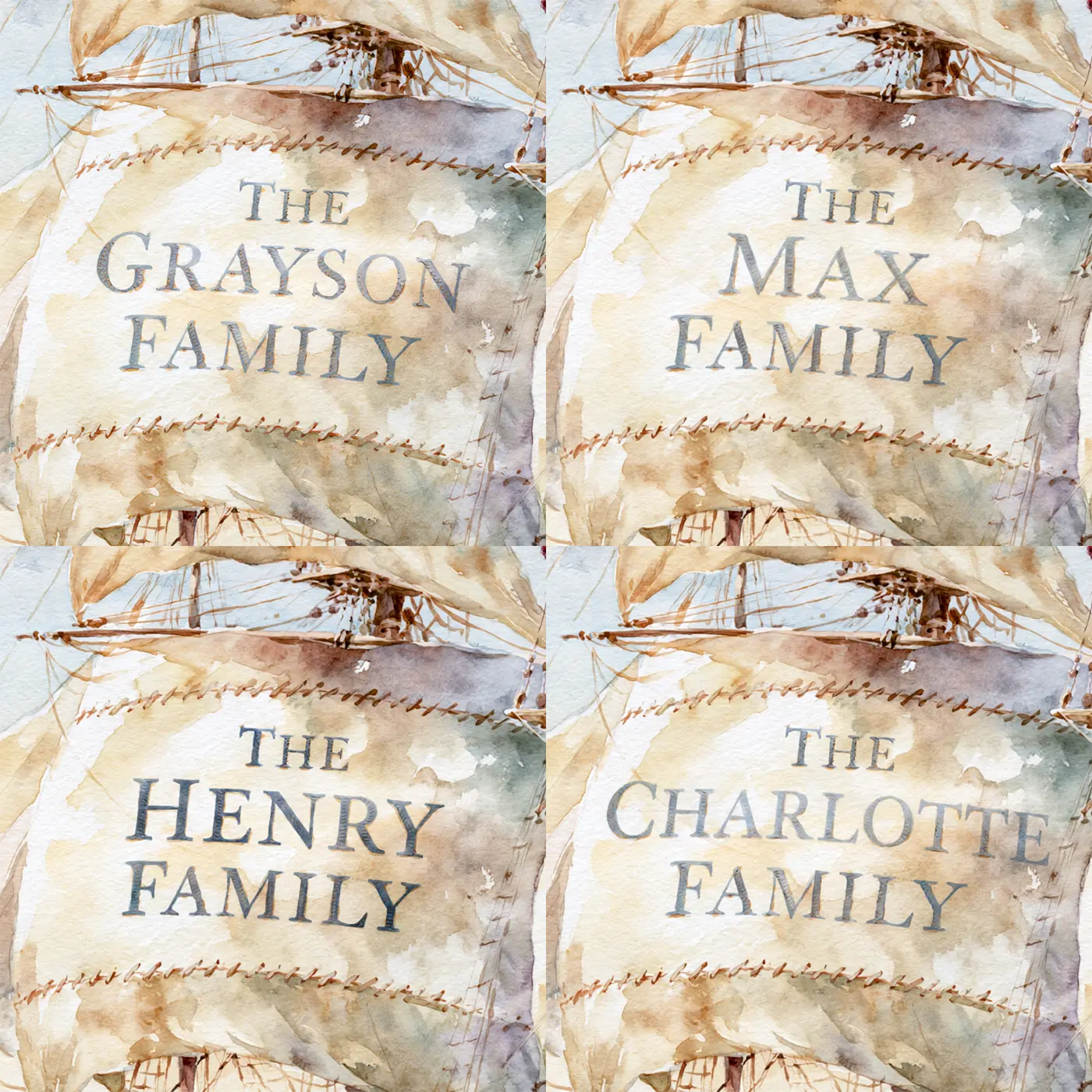 Four name preview examples of Family Pirate Sail Personalized Wall Mural by Whimsy Tots