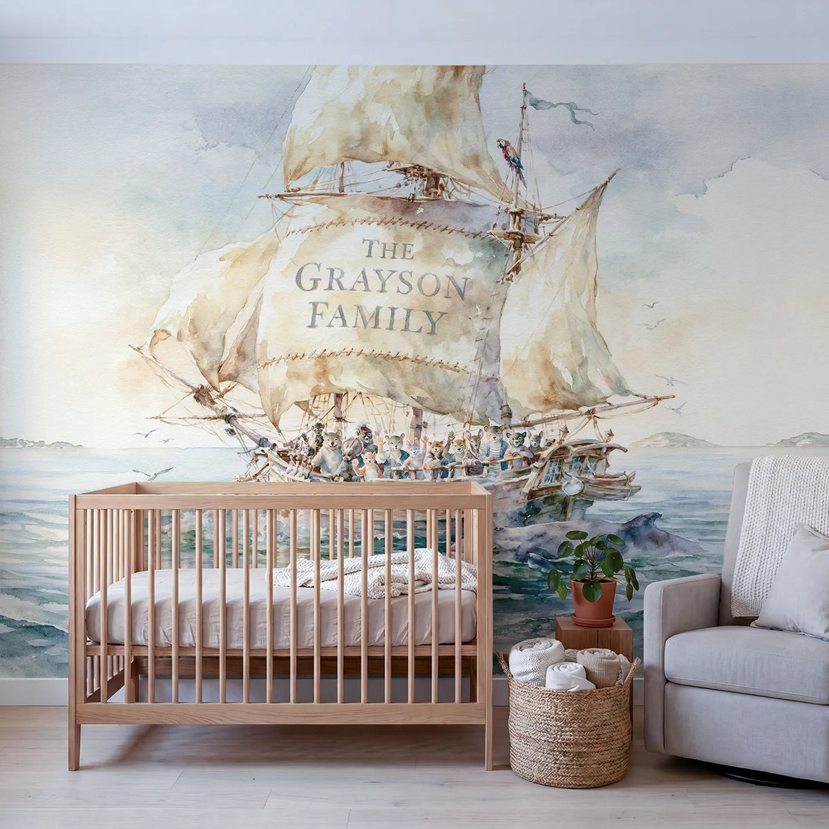 Family Pirate Sail Personalized Wall Mural in playroom setting by Whimsy Tots