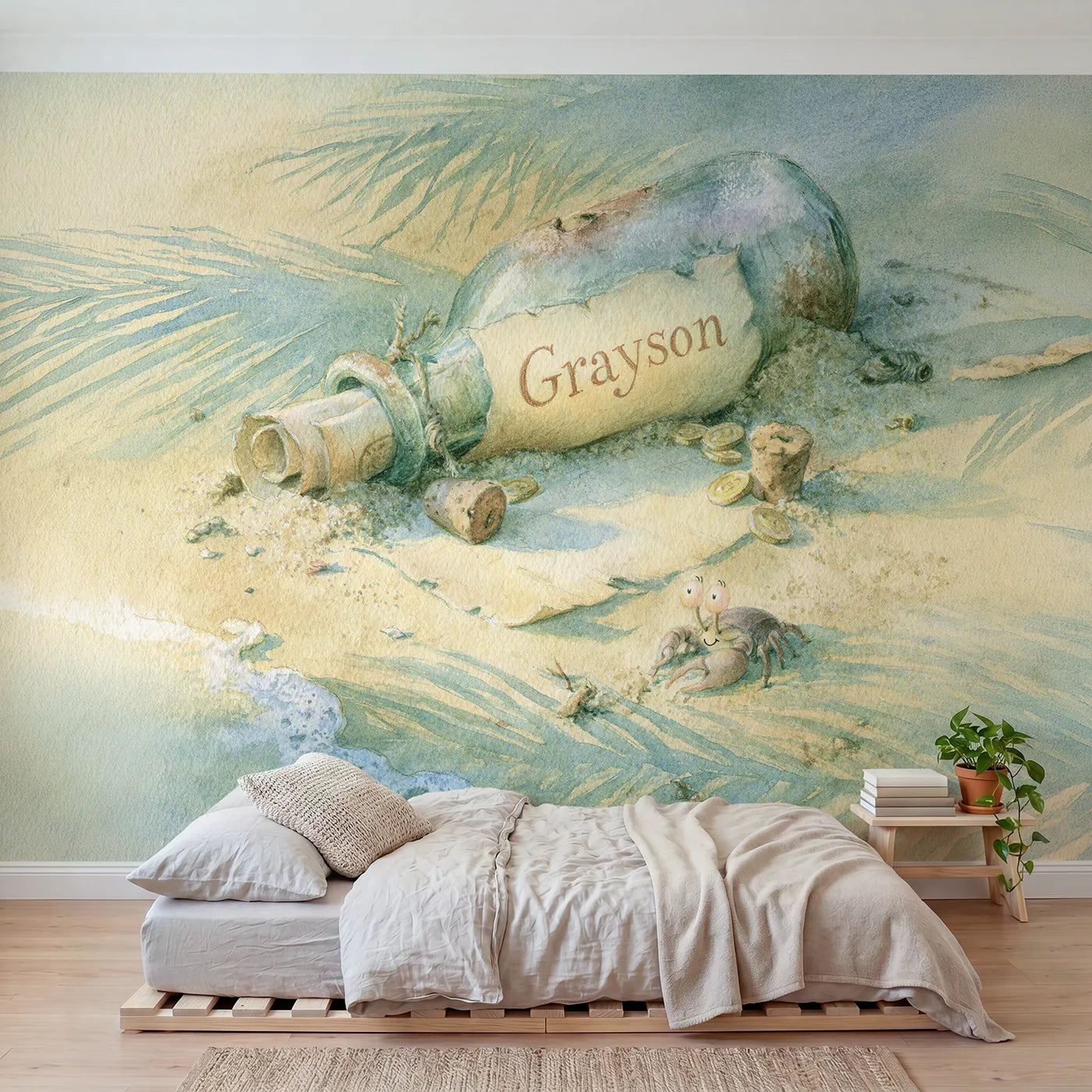 Colored pencil pirate map bottle personalized wall mural with hand-lettered parchment by Whimsy Tots