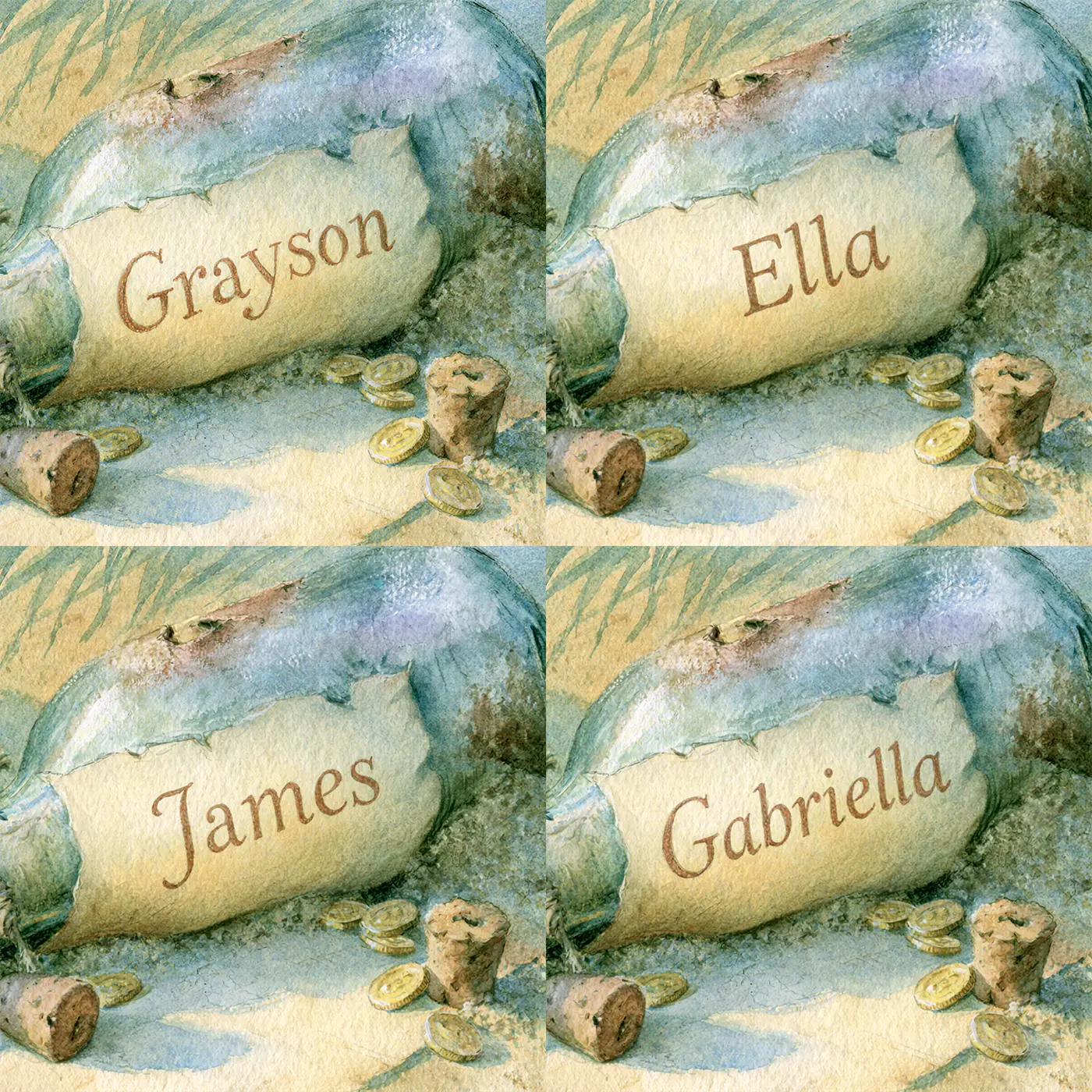 Four name preview examples of Pirate Message Bottle Personalized Wall Mural by Whimsy Tots
