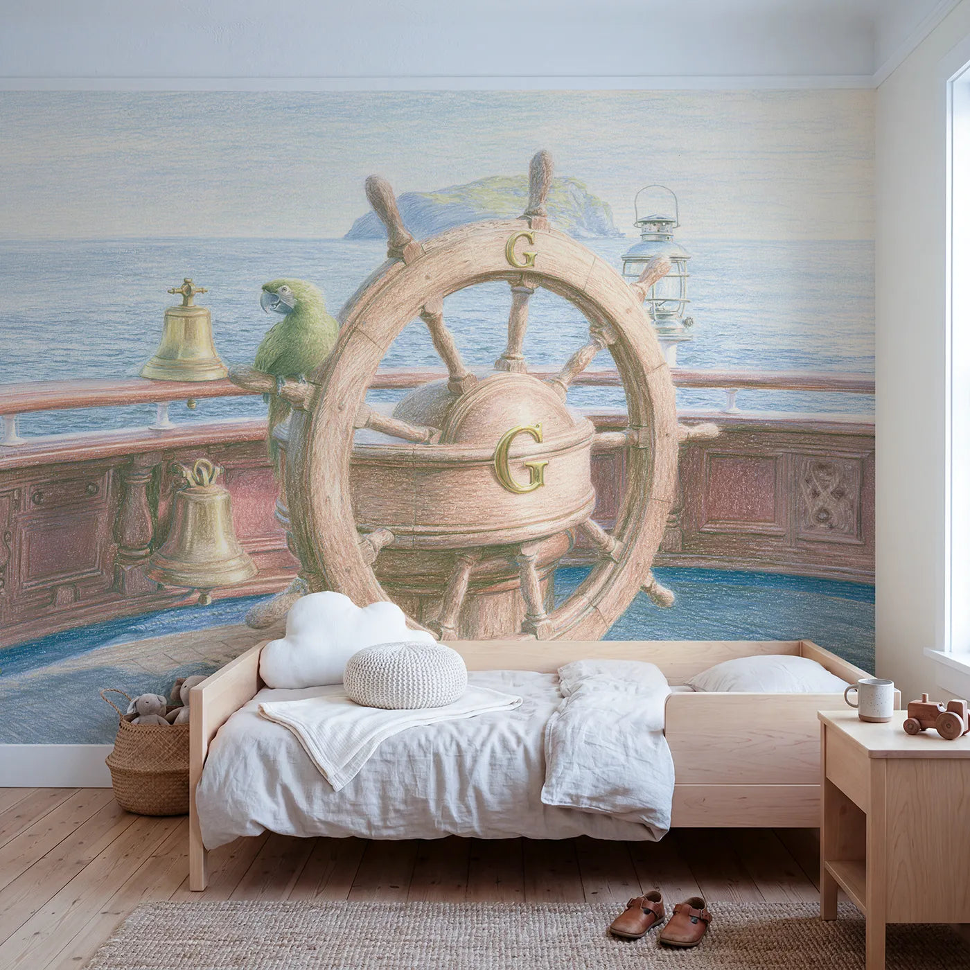 Colored pencil ships wheel personalized wall mural with brass inlaid hub initial by Whimsy Tots
