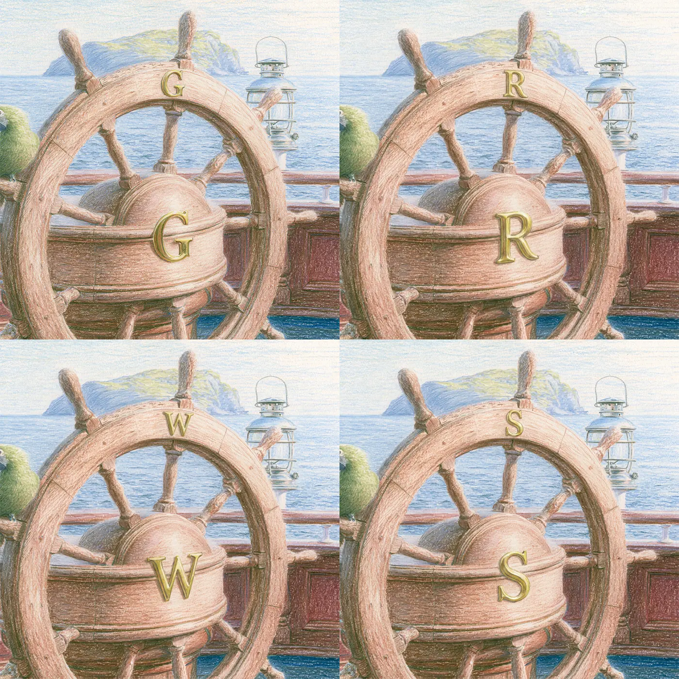 Four name preview examples of Ships Wheel Monogram Personalized Wall Mural by Whimsy Tots
