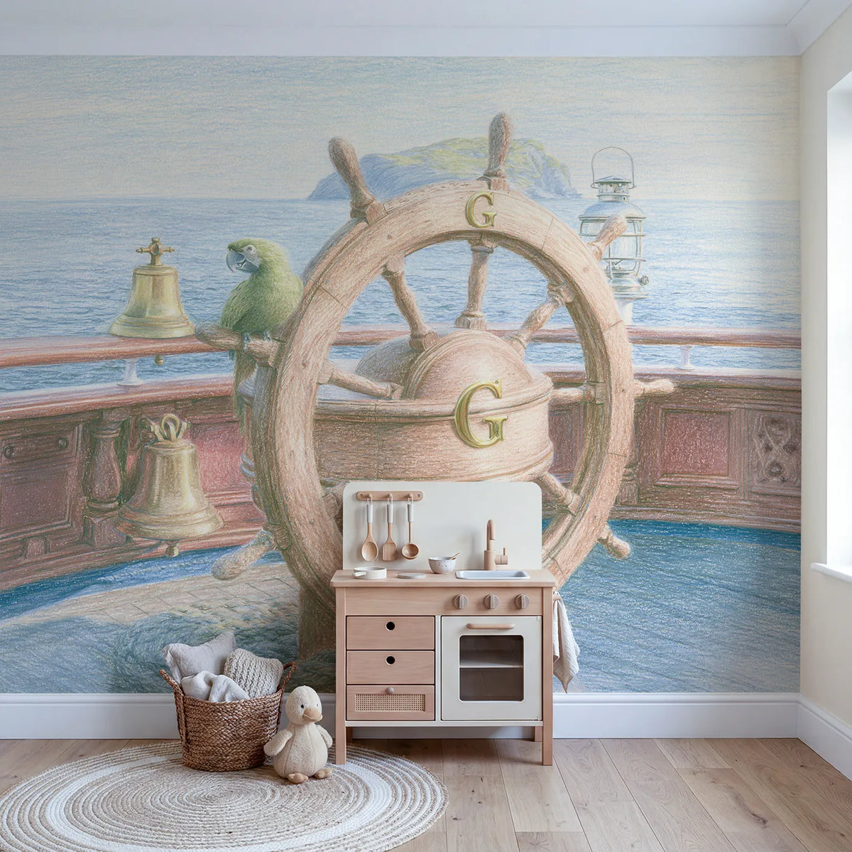 Ships Wheel Monogram Personalized Wall Mural in playroom setting by Whimsy Tots
