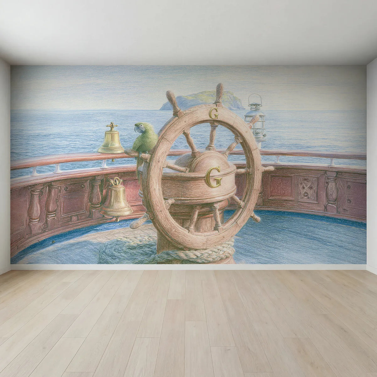 Full view of Ships Wheel Monogram Personalized Wall Mural by Whimsy Tots