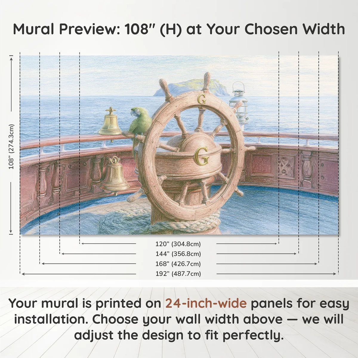 Panel layout and dimensions for Ships Wheel Monogram Personalized Wall Mural by Whimsy Tots
