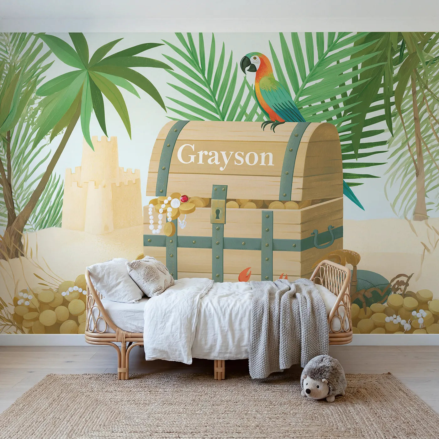 Modern illustration treasure chest personalized wall mural with painted front lettering by Whimsy Tots