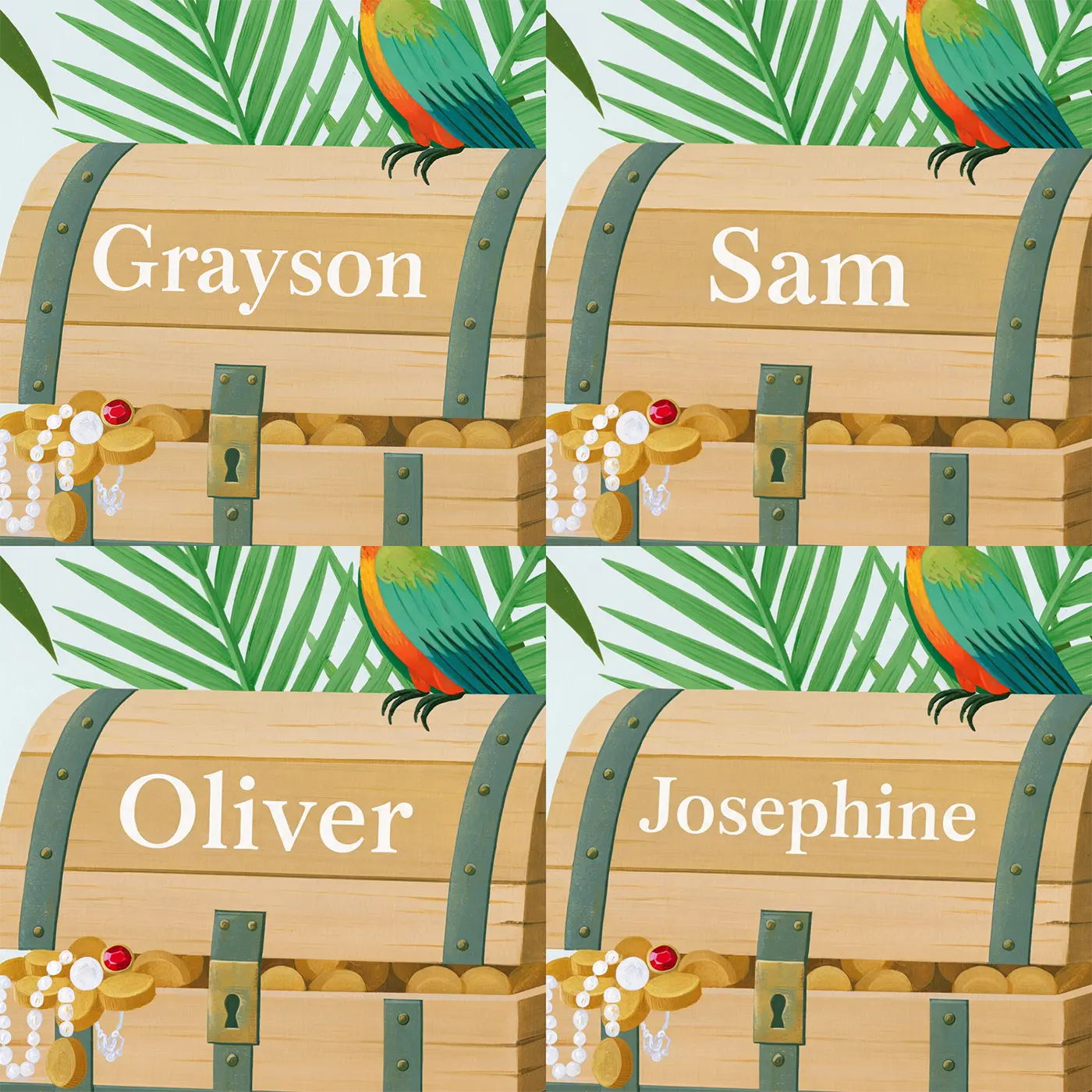 Four name preview examples of Flat Treasure Map Chest Personalized Wall Mural by Whimsy Tots