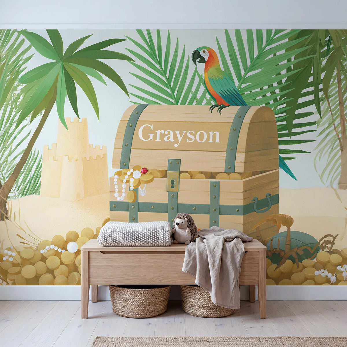 Flat Treasure Map Chest Personalized Wall Mural in playroom setting by Whimsy Tots