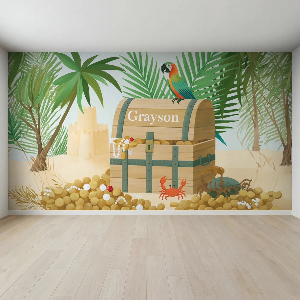 Full view of Flat Treasure Map Chest Personalized Wall Mural by Whimsy Tots