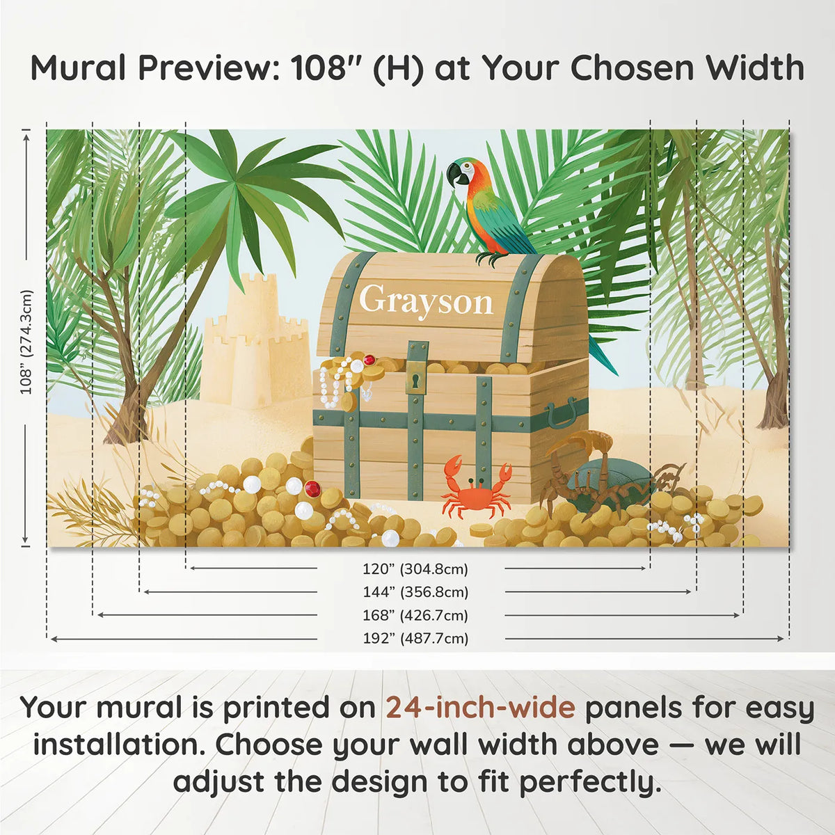 Panel layout and dimensions for Flat Treasure Map Chest Personalized Wall Mural by Whimsy Tots
