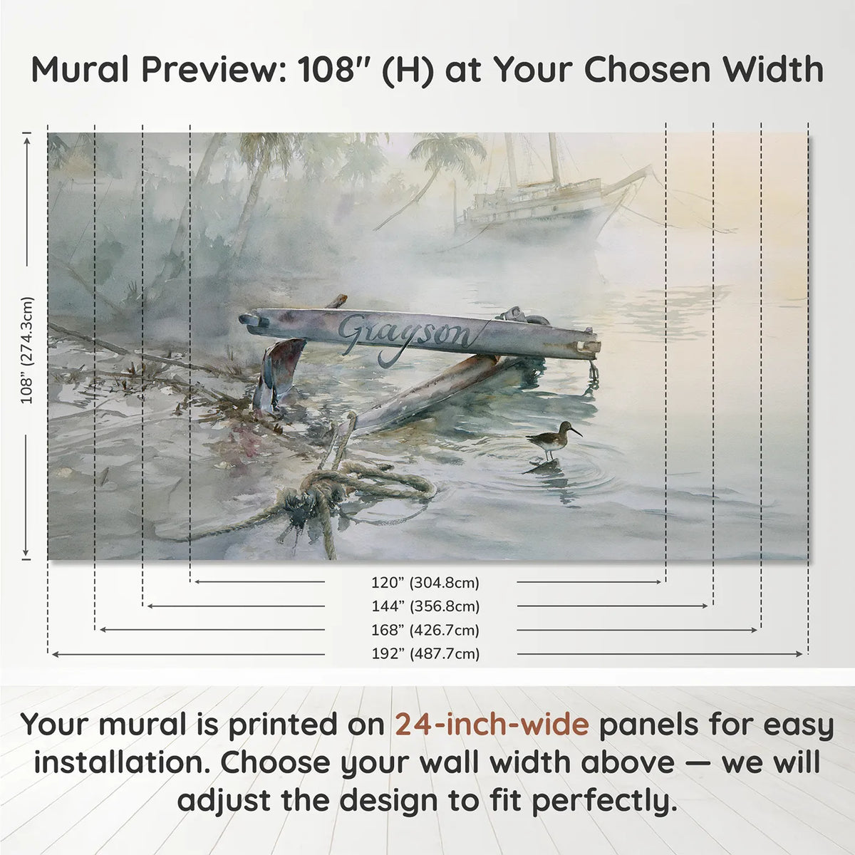 Panel layout and dimensions for Misty Cove Anchor Personalized Wall Mural by Whimsy Tots