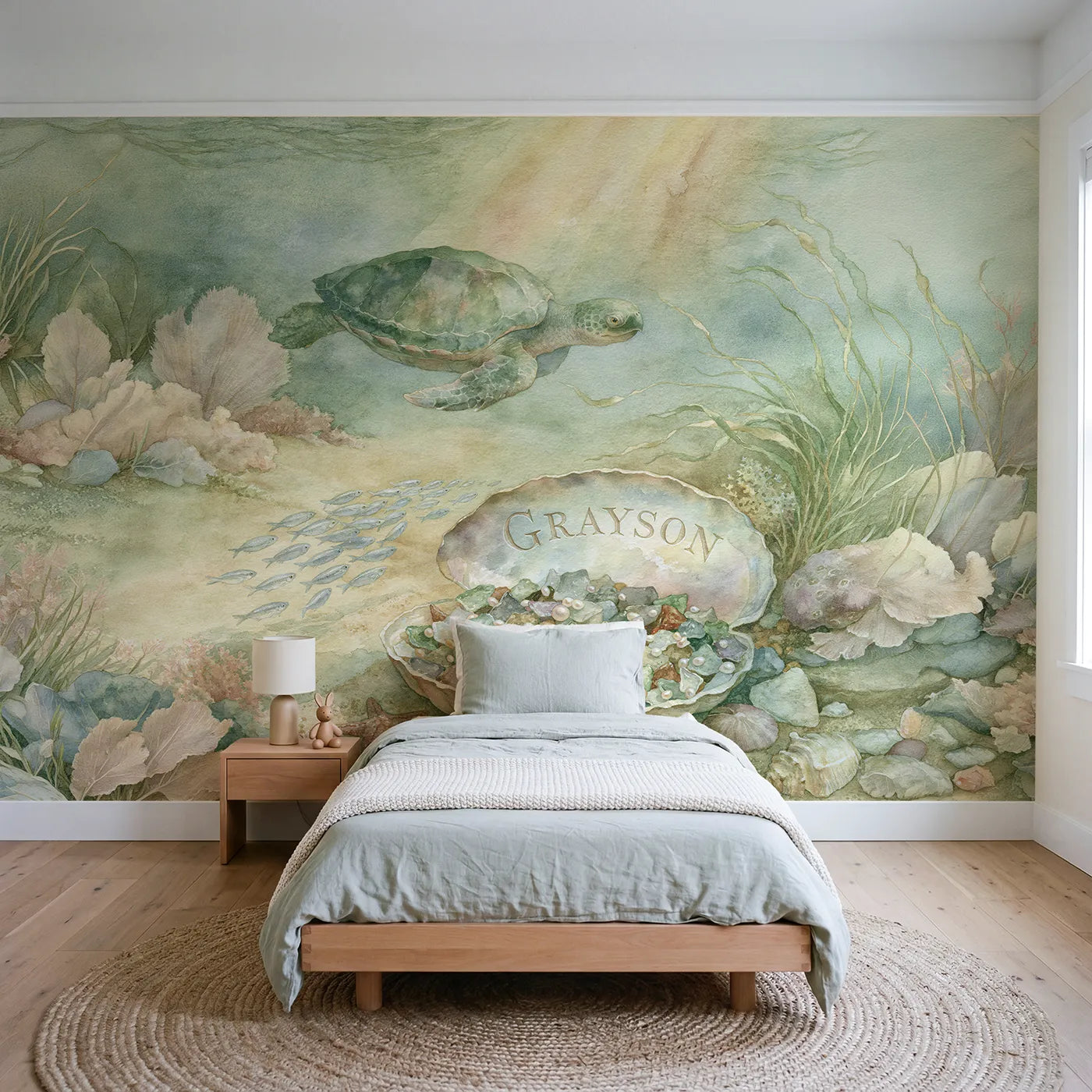 Storybook sea turtle shell bowl personalized wall mural with carved curling rim by Whimsy Tots