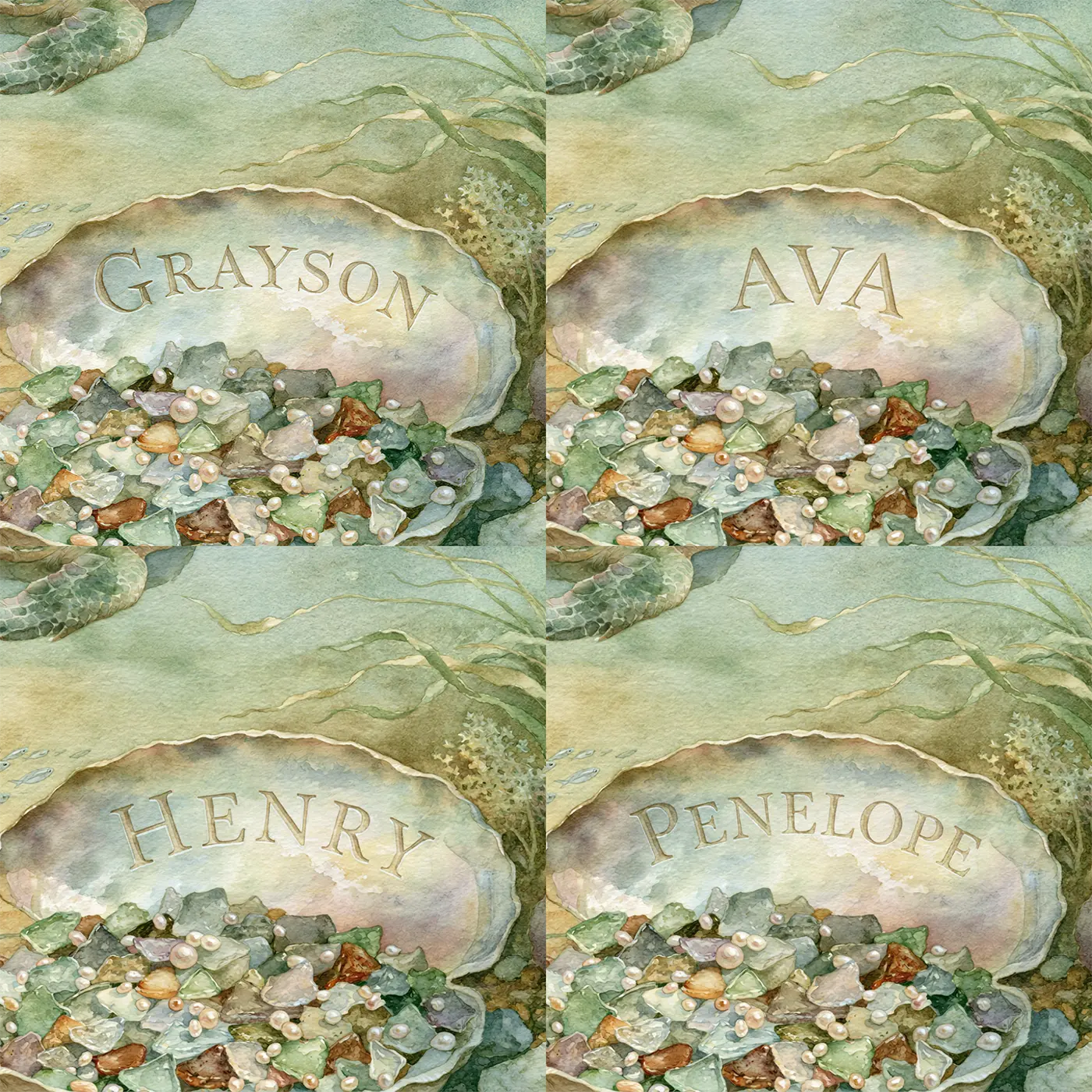 Four name preview examples of Turtle and the Shell Bowl Personalized Wall Mural by Whimsy Tots