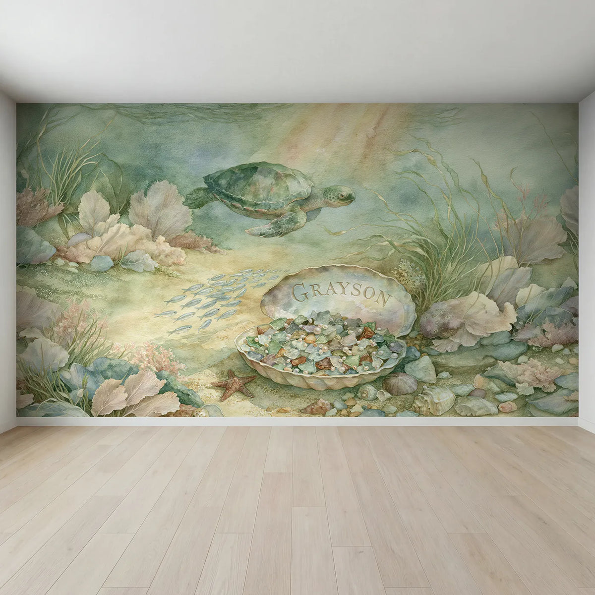 Full view of Turtle and the Shell Bowl Personalized Wall Mural by Whimsy Tots