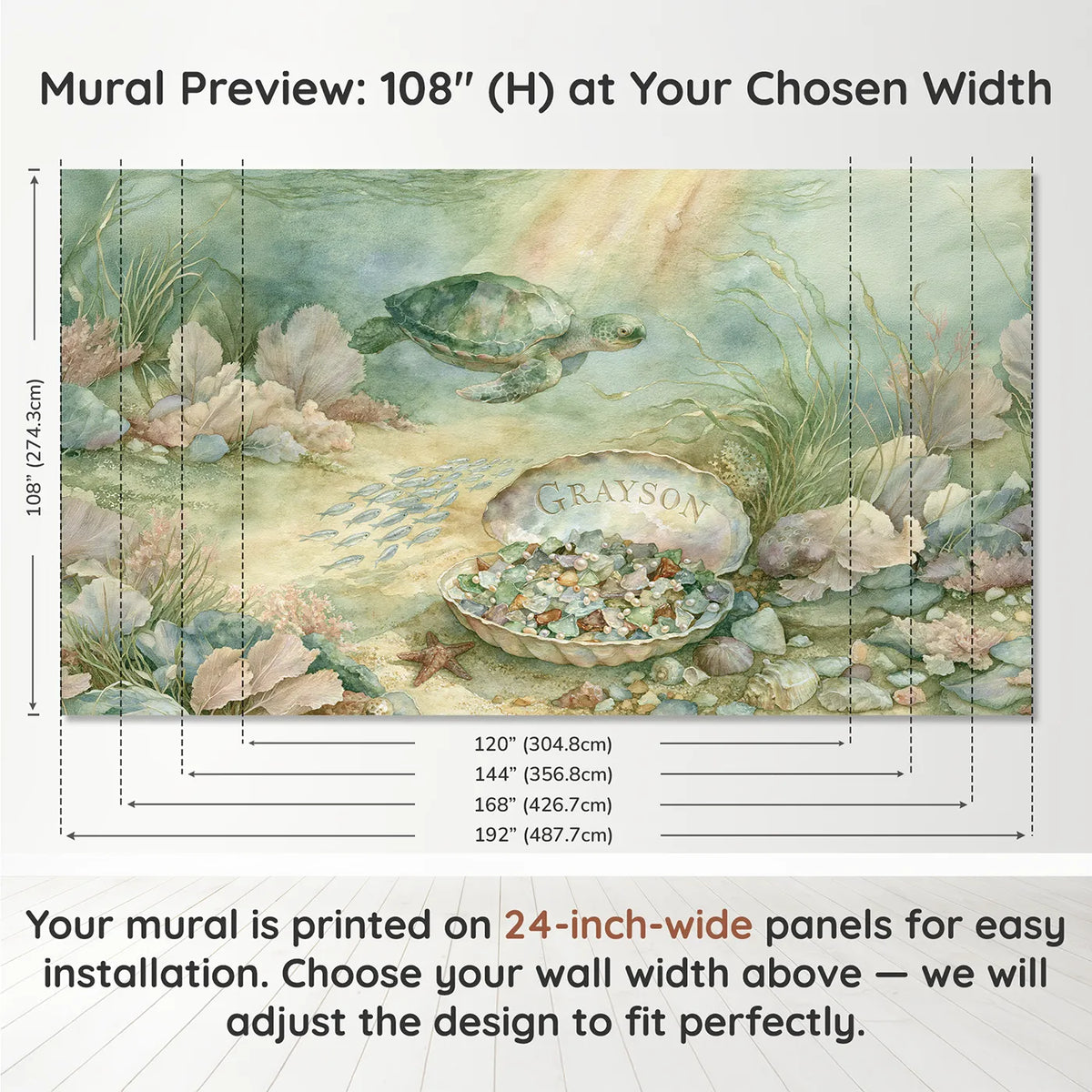 Panel layout and dimensions for Turtle and the Shell Bowl Personalized Wall Mural by Whimsy Tots