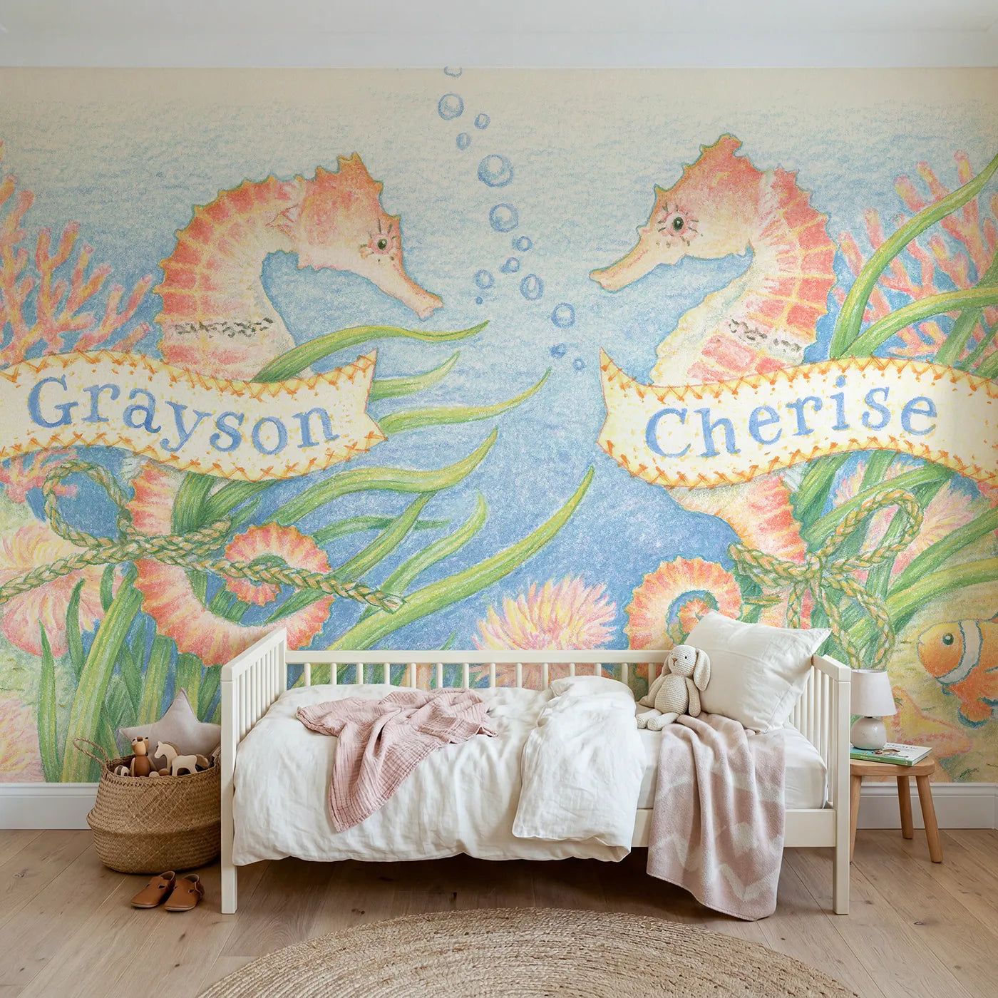 Colored pencil two seahorses personalized wall mural with stitched sea grass ribbons by Whimsy Tots