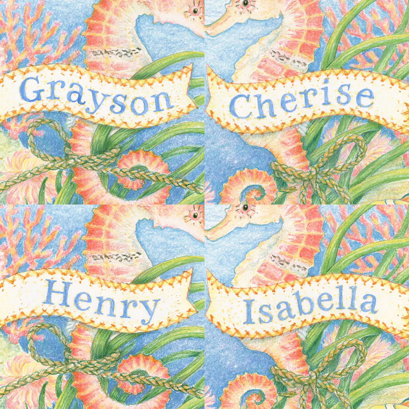 Four name preview examples of Two Seahorses Personalized Wall Mural by Whimsy Tots