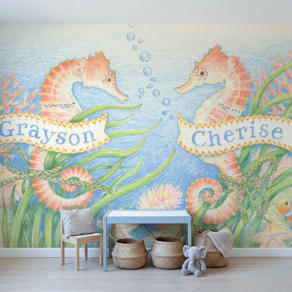 Two Seahorses Personalized Wall Mural in playroom setting by Whimsy Tots