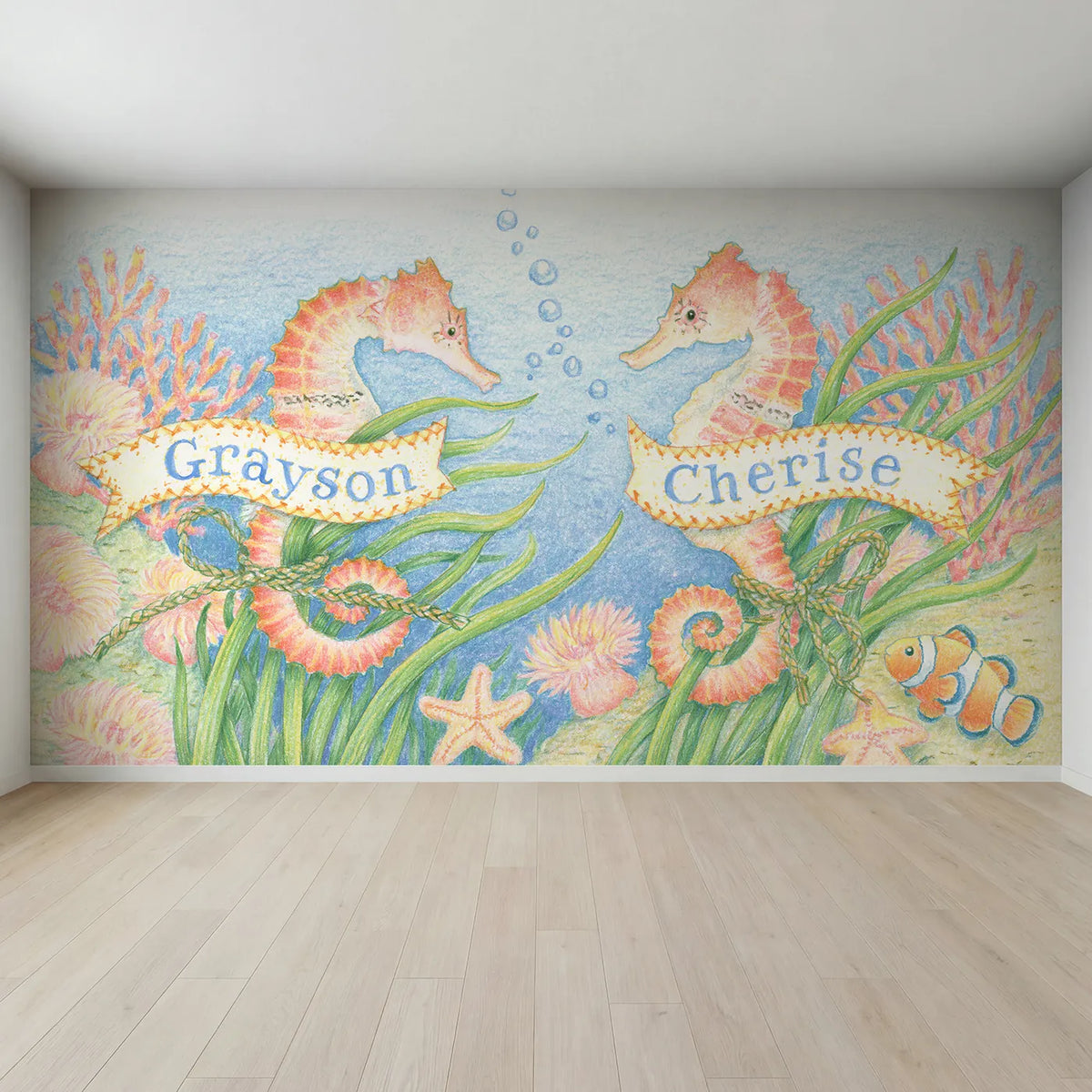 Full view of Two Seahorses Personalized Wall Mural by Whimsy Tots