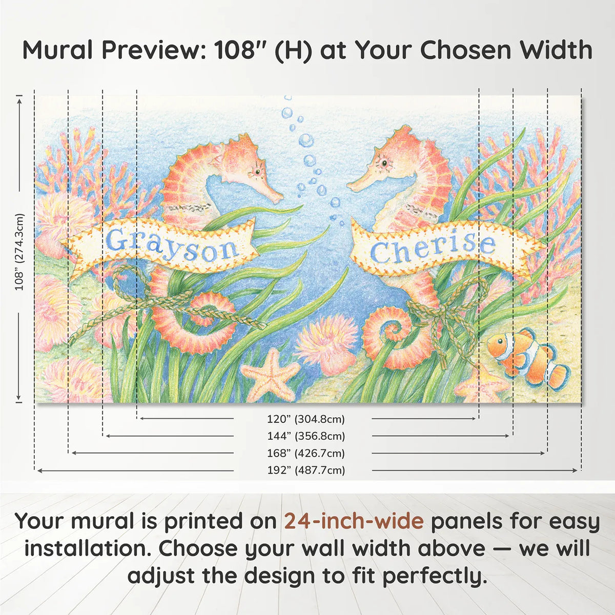Panel layout and dimensions for Two Seahorses Personalized Wall Mural by Whimsy Tots