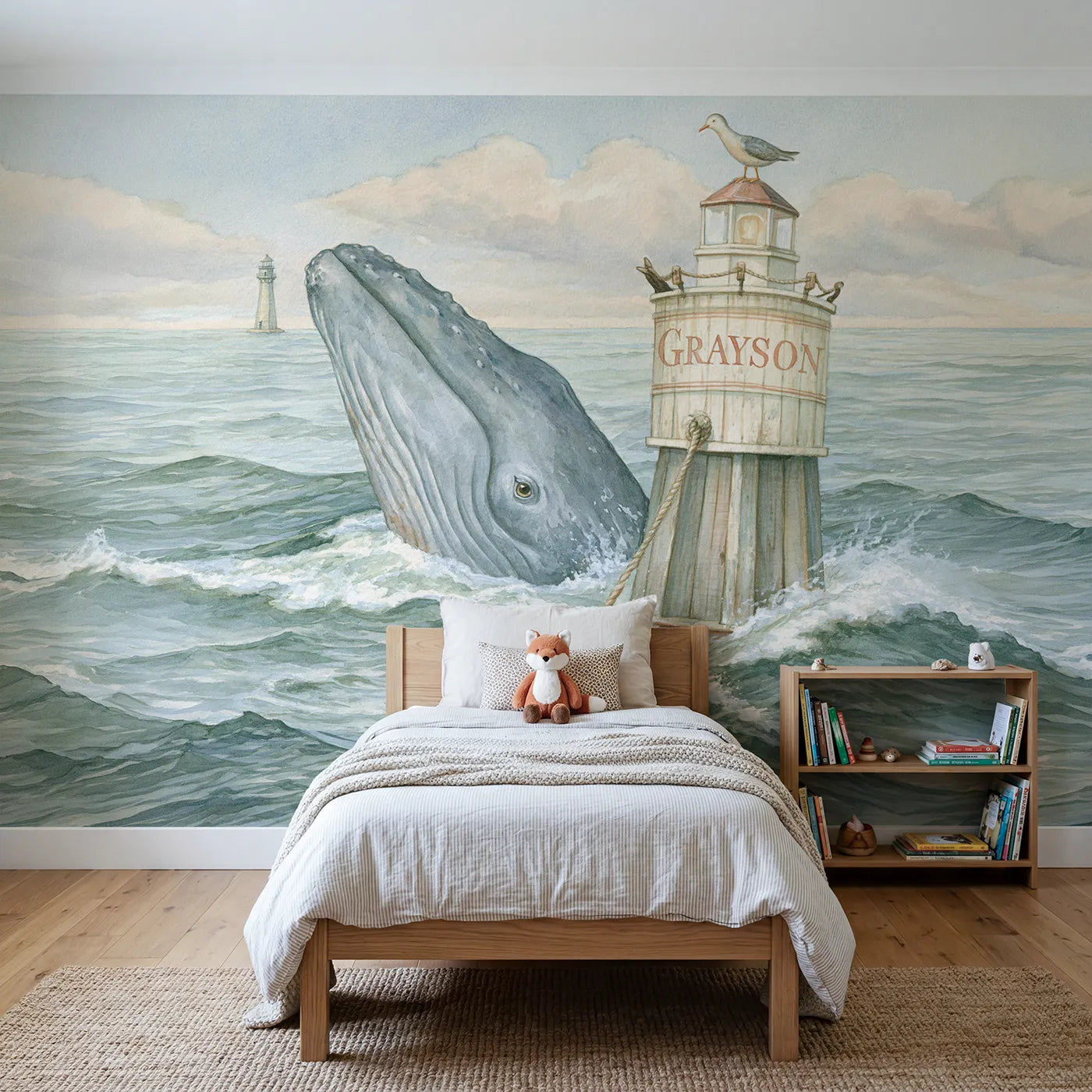 Watercolor whale and rope buoy personalized wall mural with painted lettered band by Whimsy Tots