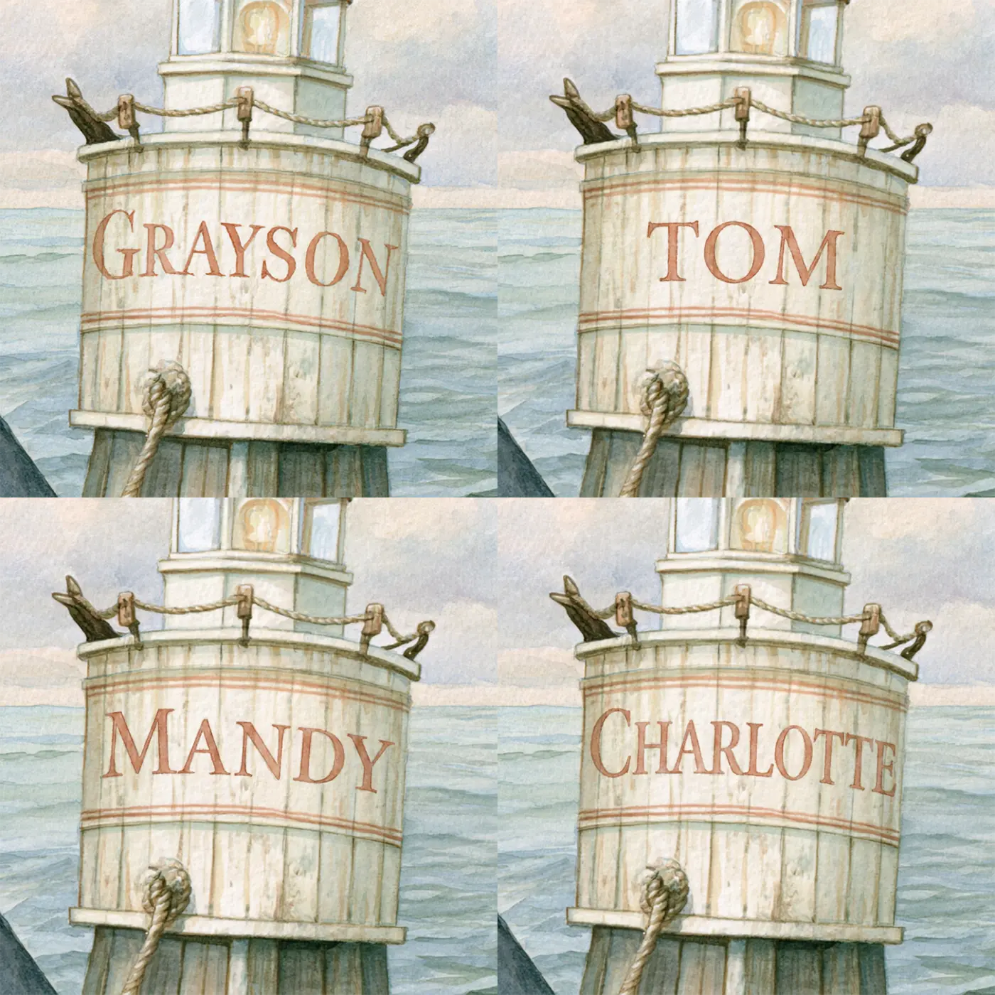 Four name preview examples of Whale and the Rope Buoy Personalized Wall Mural by Whimsy Tots