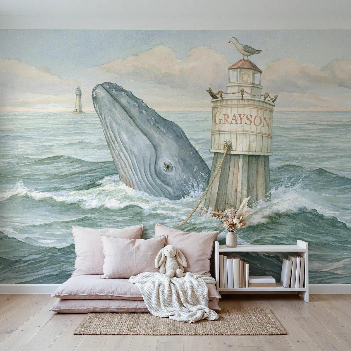 Whale and the Rope Buoy Personalized Wall Mural in playroom setting by Whimsy Tots