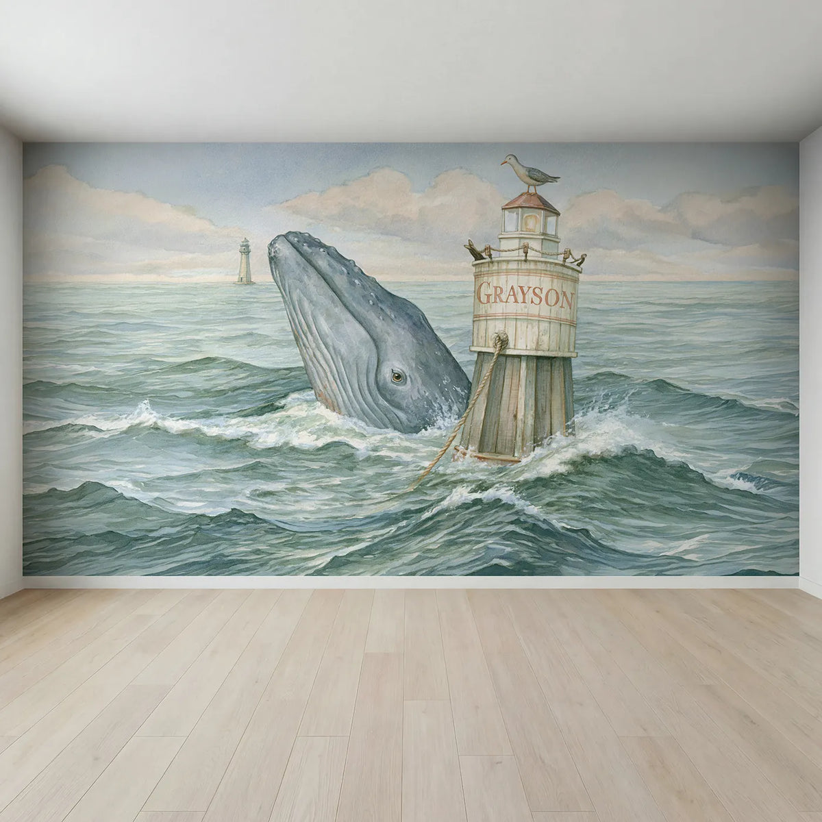 Full view of Whale and the Rope Buoy Personalized Wall Mural by Whimsy Tots