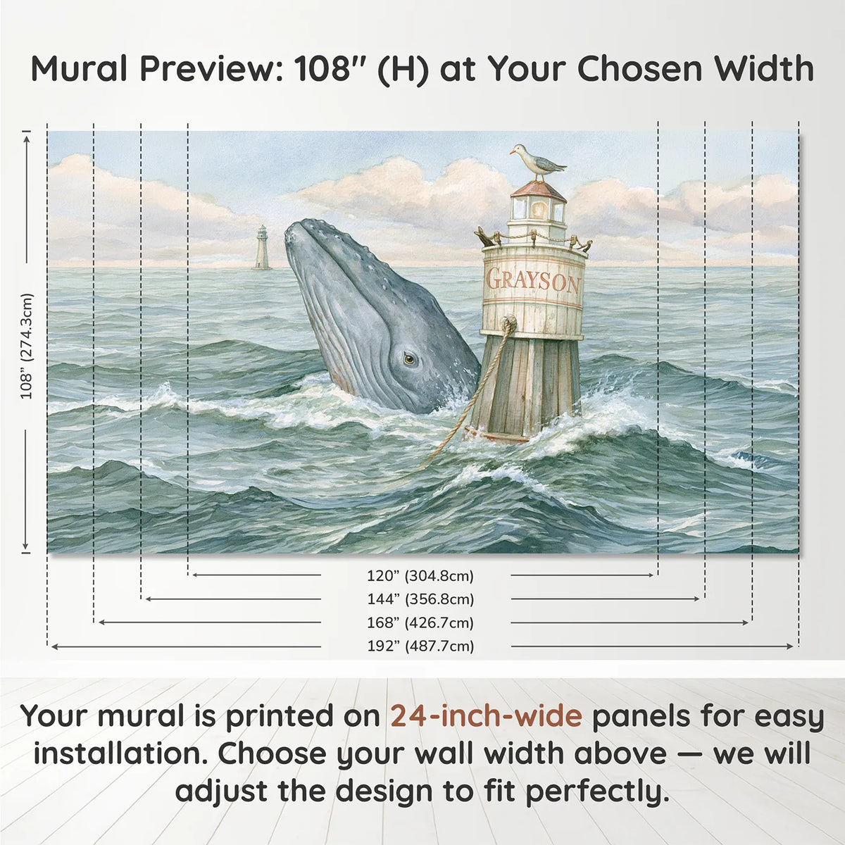 Panel layout and dimensions for Whale and the Rope Buoy Personalized Wall Mural by Whimsy Tots