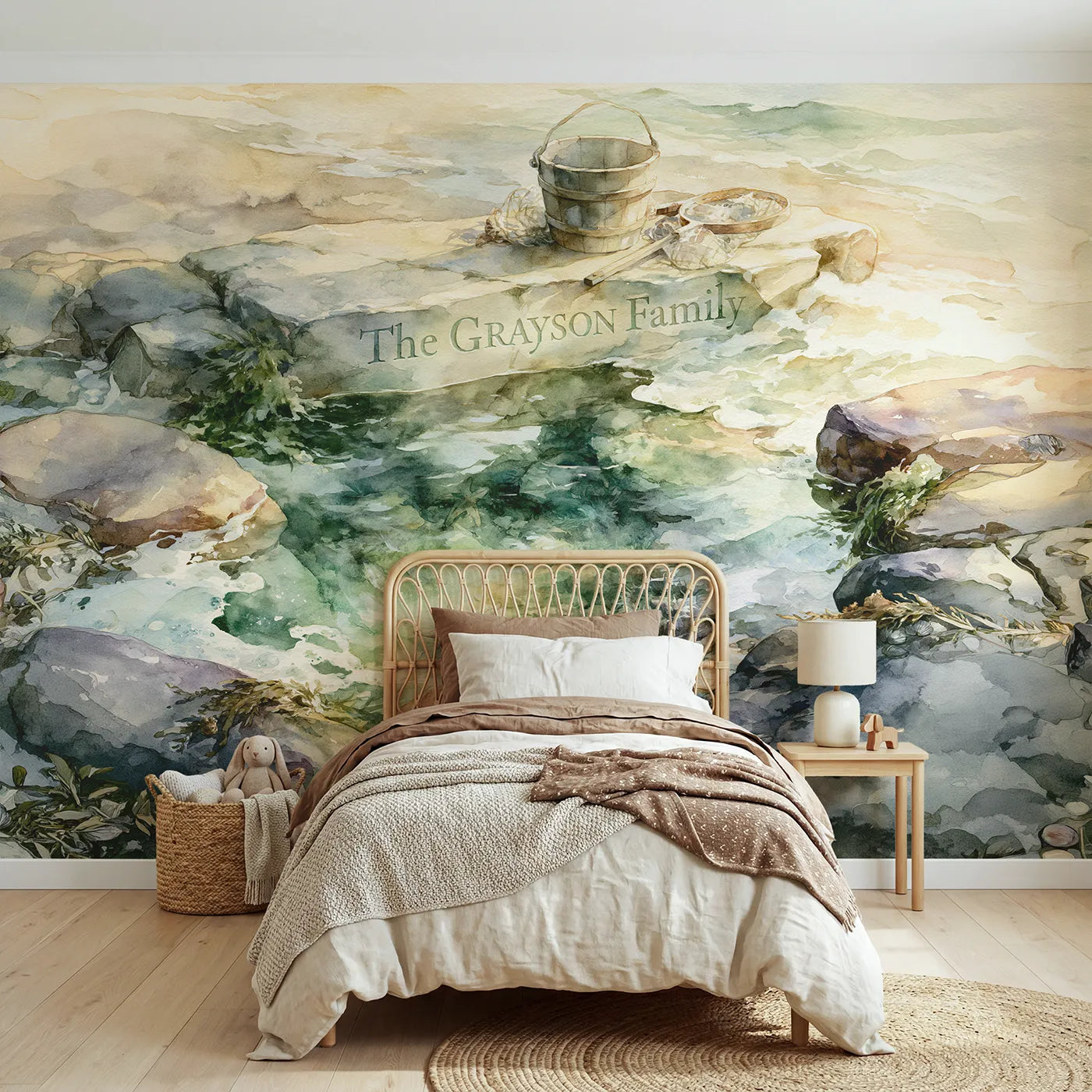 Watercolor family rock pool personalized wall mural with carved stone ledge by Whimsy Tots
