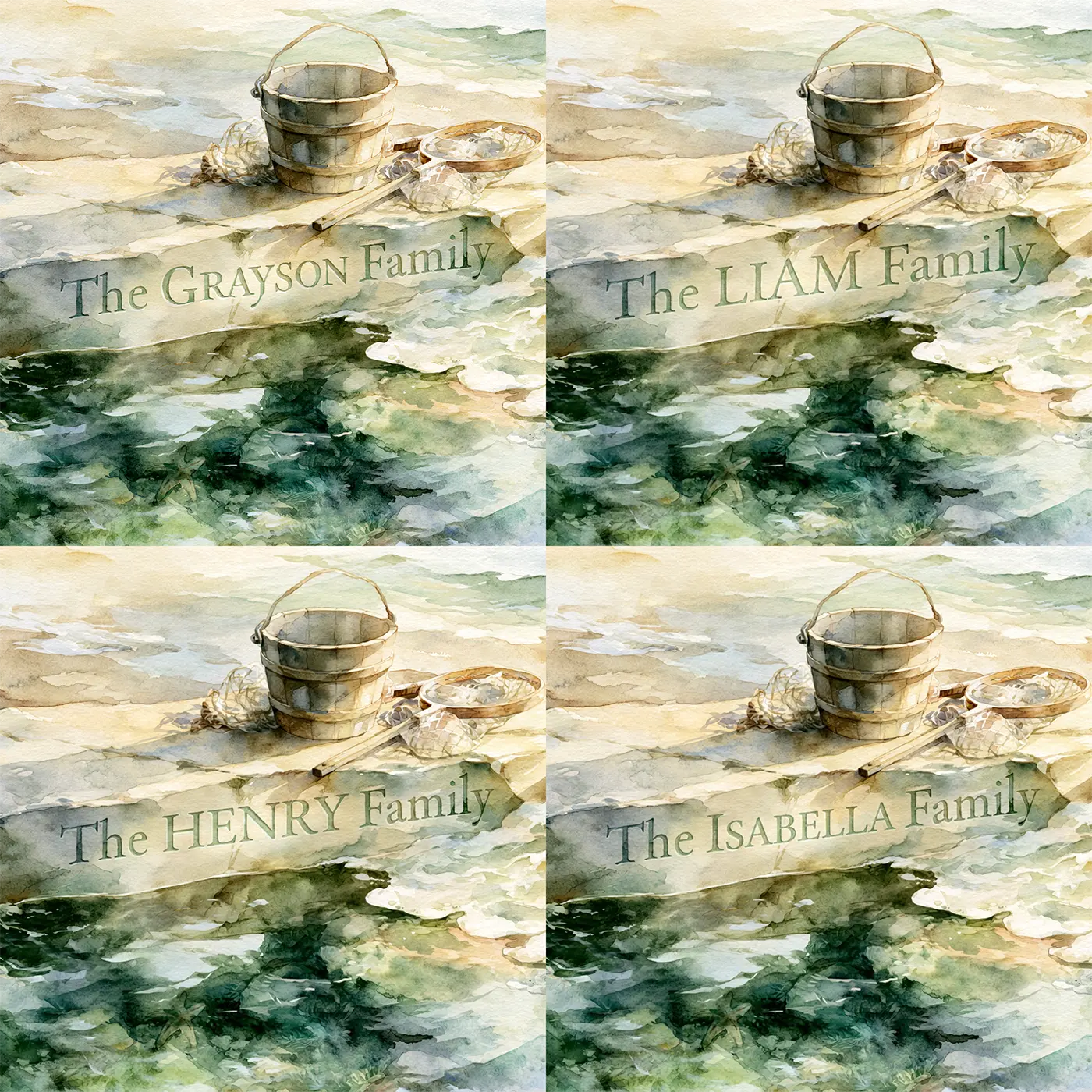 Four name preview examples of Family Rock Pool Personalized Wall Mural by Whimsy Tots