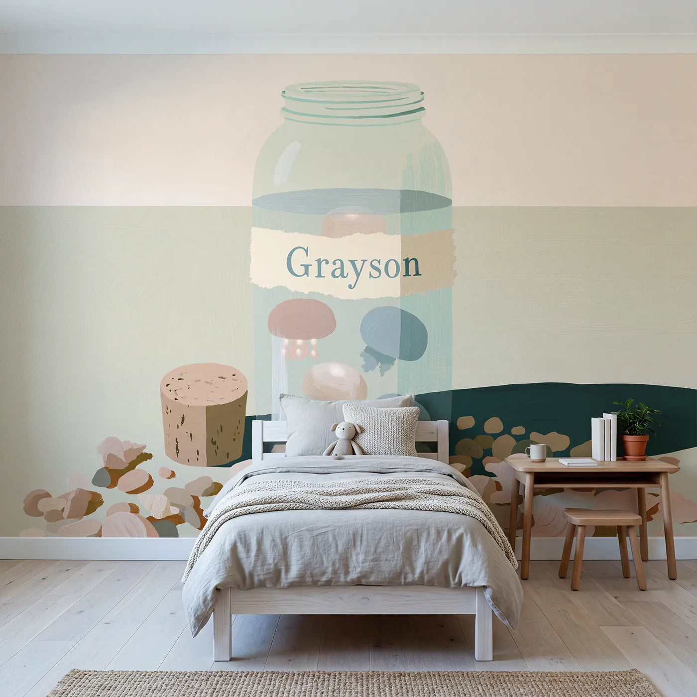 Modern illustration jellyfish jar personalized wall mural with painted paper label by Whimsy Tots
