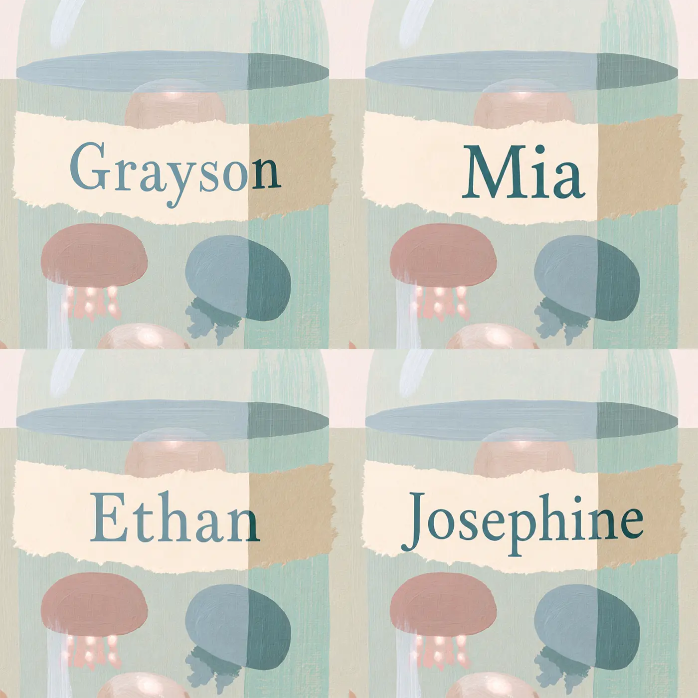 Four name preview examples of Flat Jellyfish Jar Personalized Wall Mural by Whimsy Tots