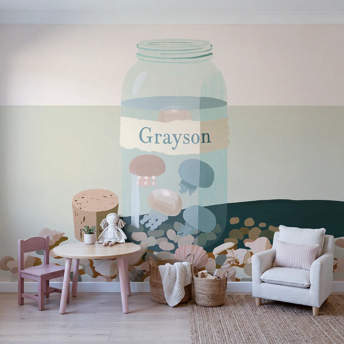Flat Jellyfish Jar Personalized Wall Mural in playroom setting by Whimsy Tots