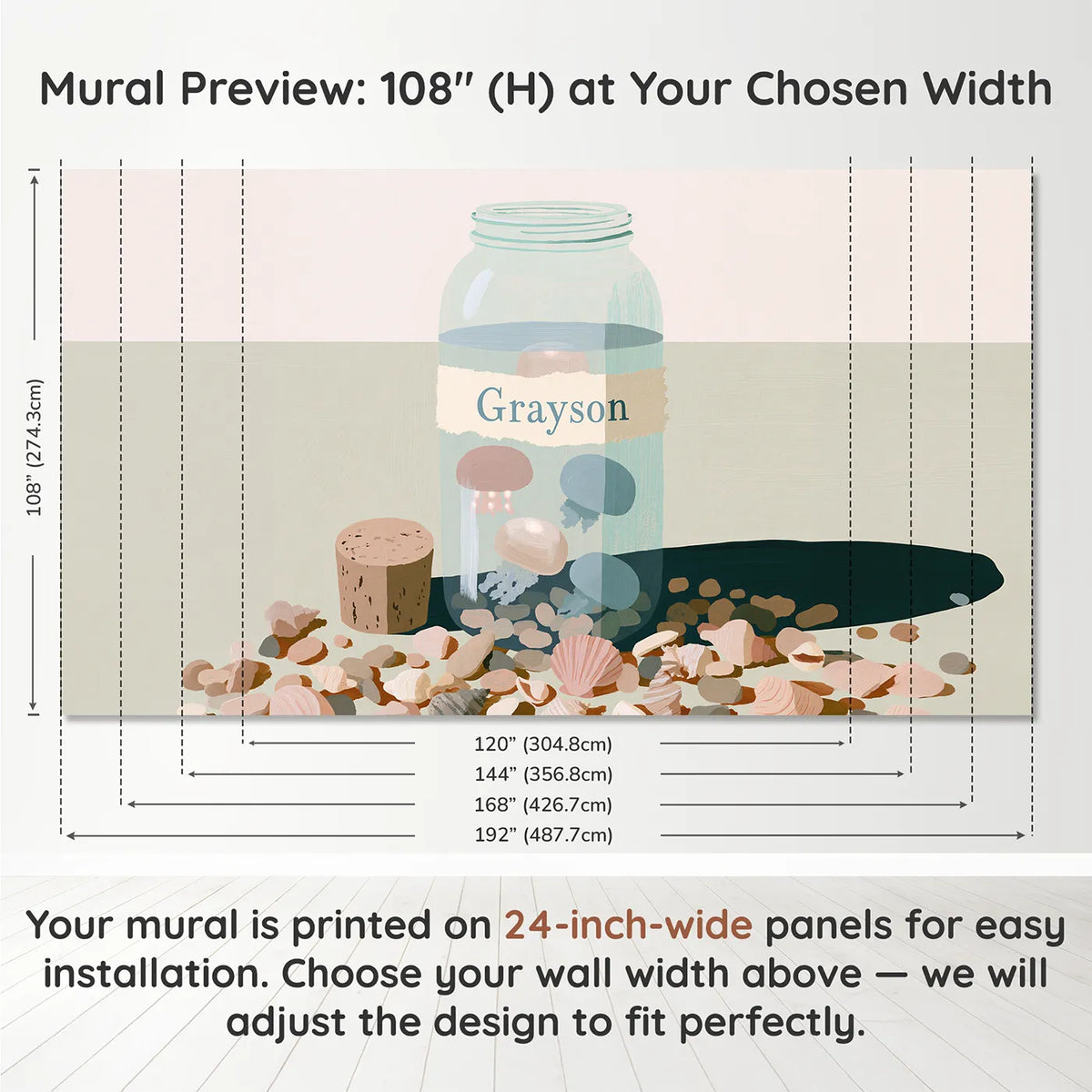 Panel layout and dimensions for Flat Jellyfish Jar Personalized Wall Mural by Whimsy Tots