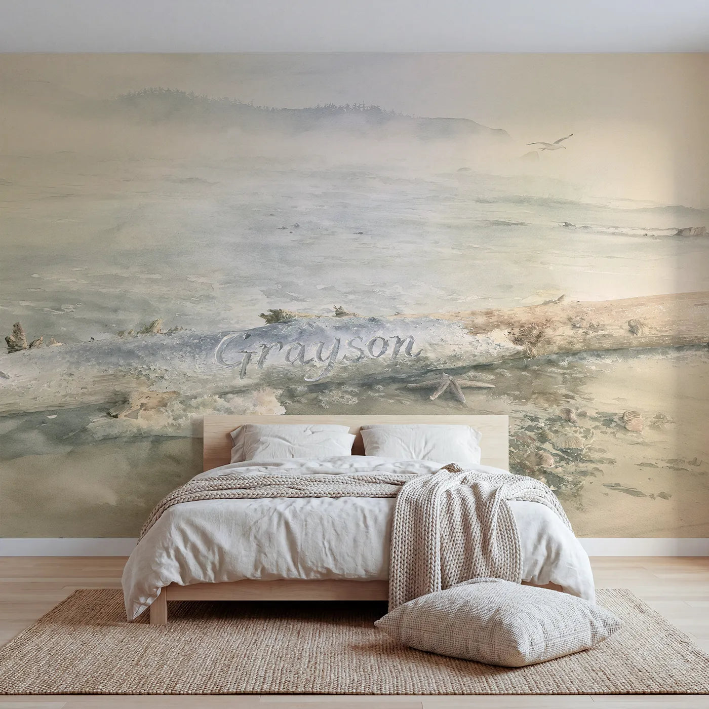 Watercolor misty tide line driftwood personalized wall mural with carved bold script by Whimsy Tots